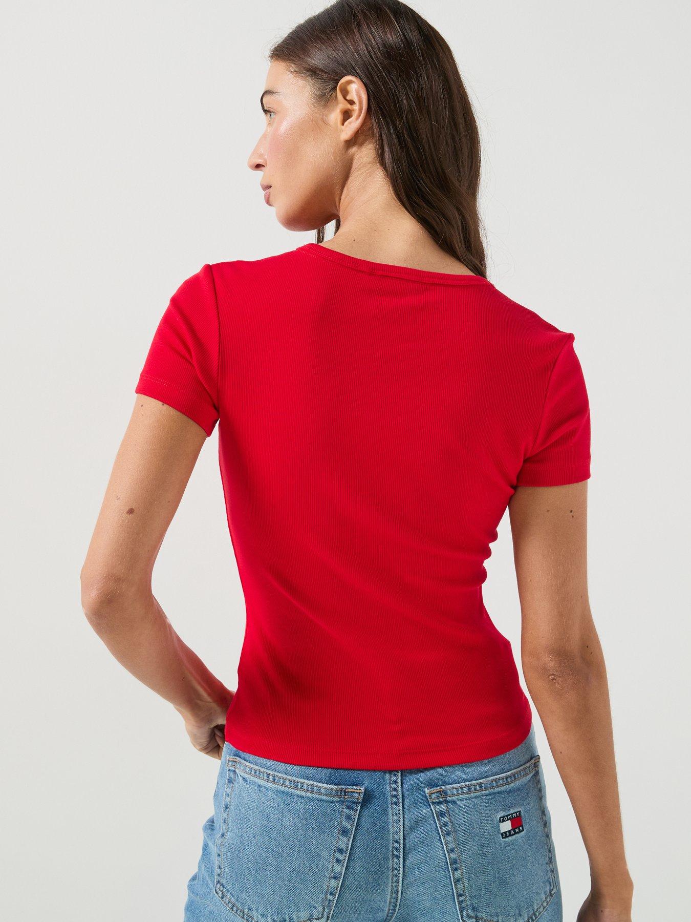 Image 2 of 5 of Tommy Jeans Women's Ribbed Badge T-Shirt - Red