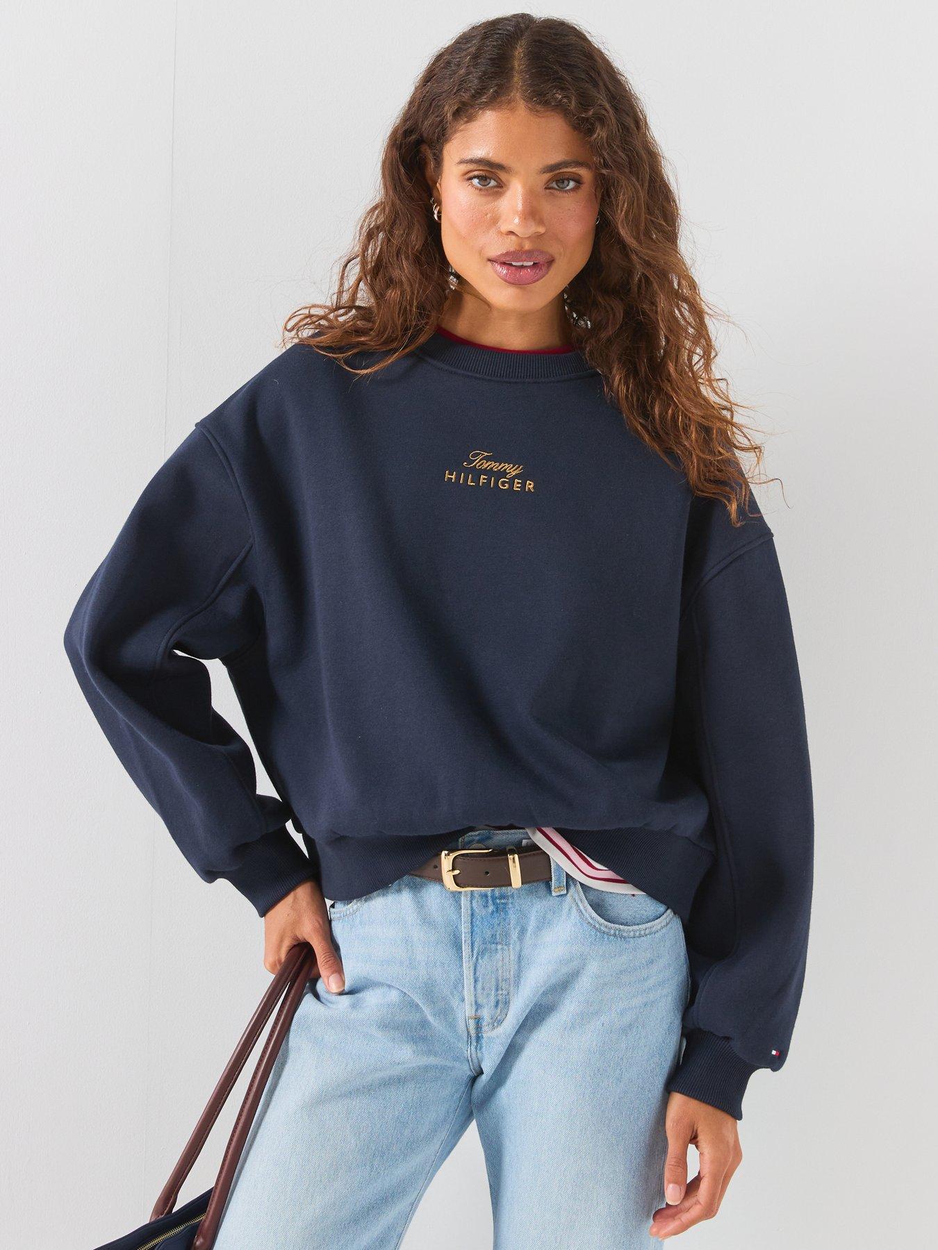 Image 1 of 6 of Tommy Hilfiger Logo Embroidery Relaxed Fleece Jumper - Blue