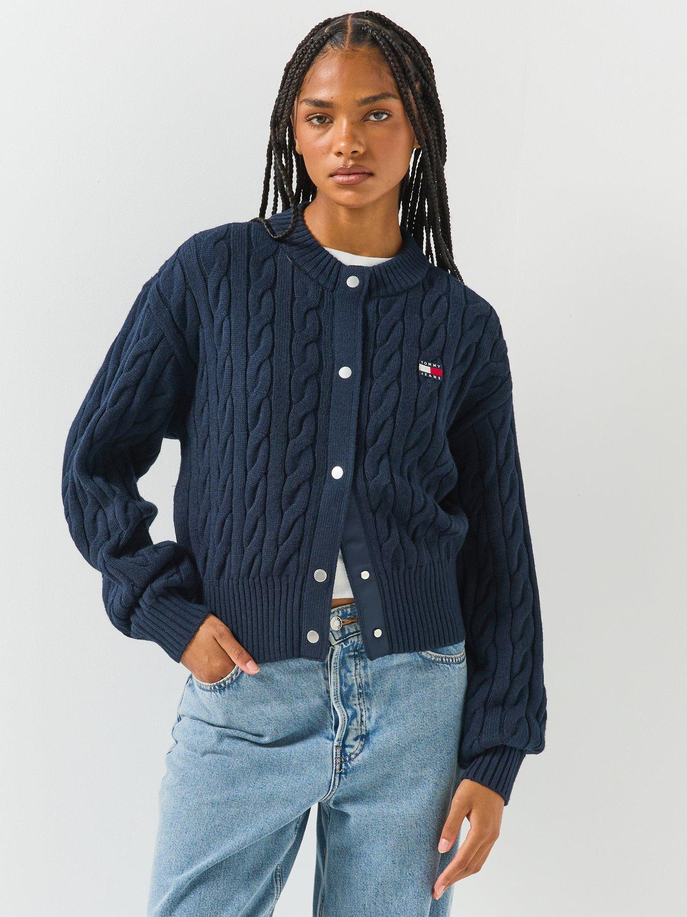 Image 1 of 6 of Tommy Jeans Tommy Badge Cable Knit Relaxed Cardigan - Blue
