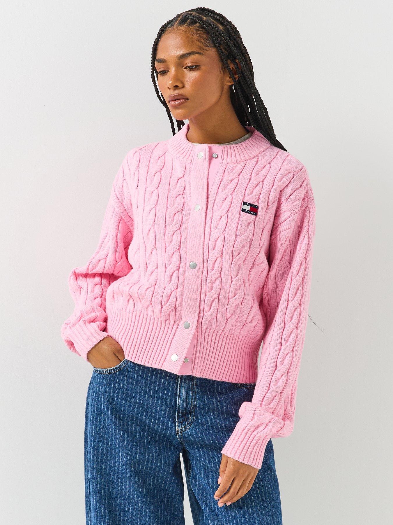 Image 1 of 5 of Tommy Jeans Tommy Badge Cable Knit Relaxed Cardigan - Pink