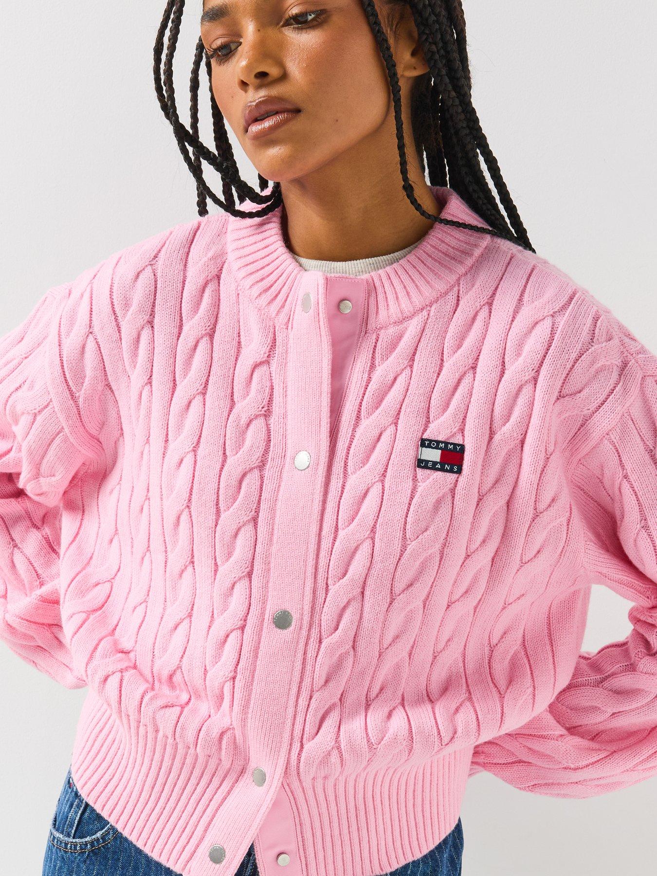 Image 4 of 5 of Tommy Jeans Tommy Badge Cable Knit Relaxed Cardigan - Pink