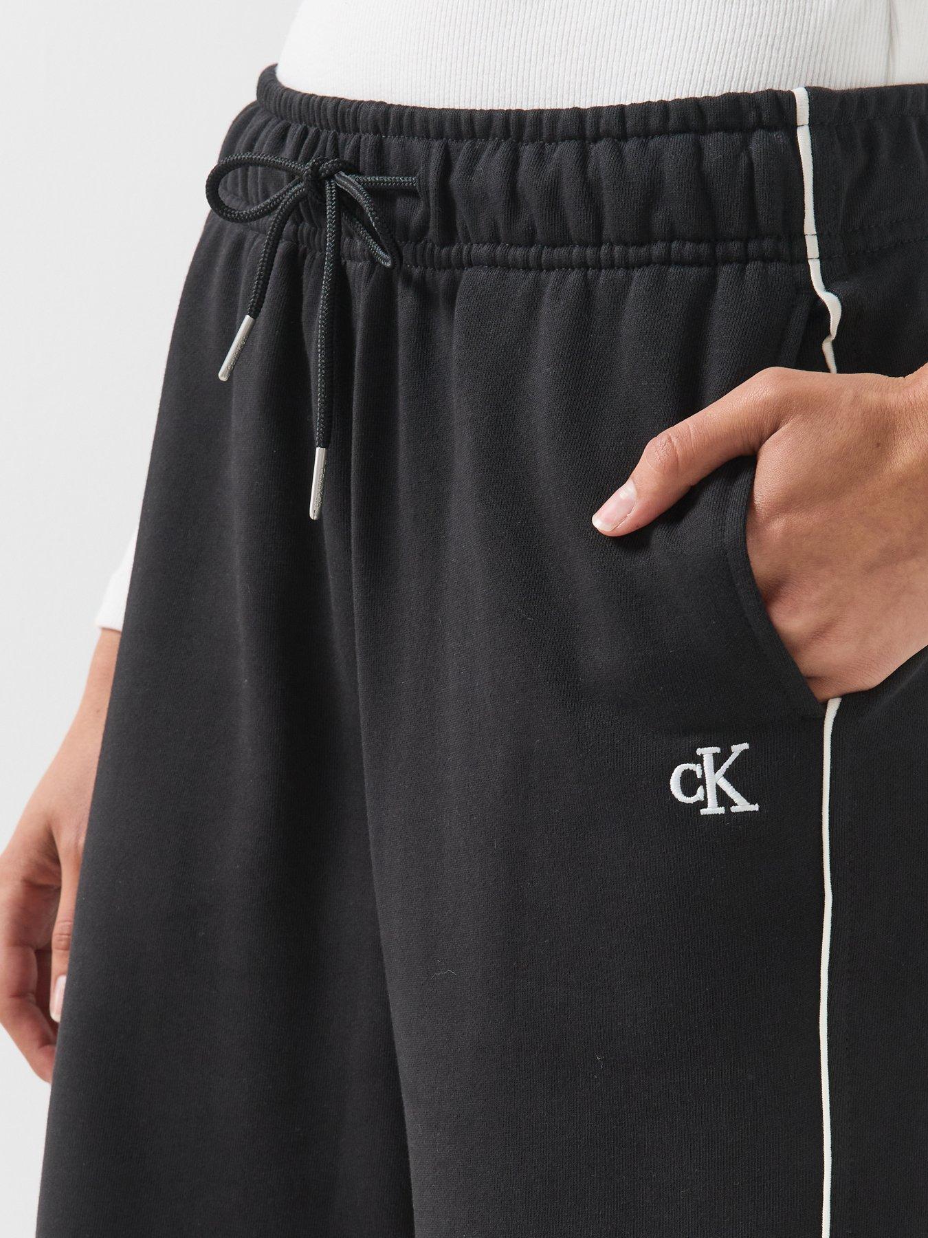 Image 4 of 6 of Calvin Klein Jeans Jeans Monogram Embroidery Contrast Piping Terry Joggers - Black