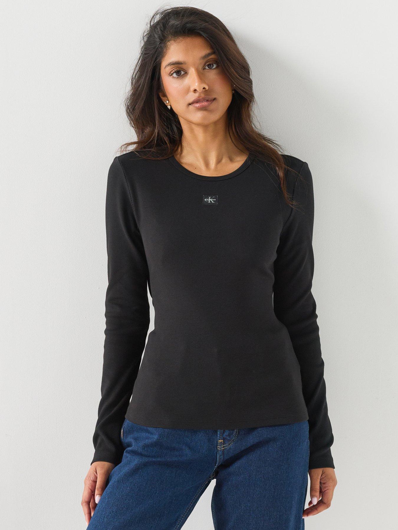 Calvin Klein Jeans Women's Long Sleeve Woven Label Detail Top - Black