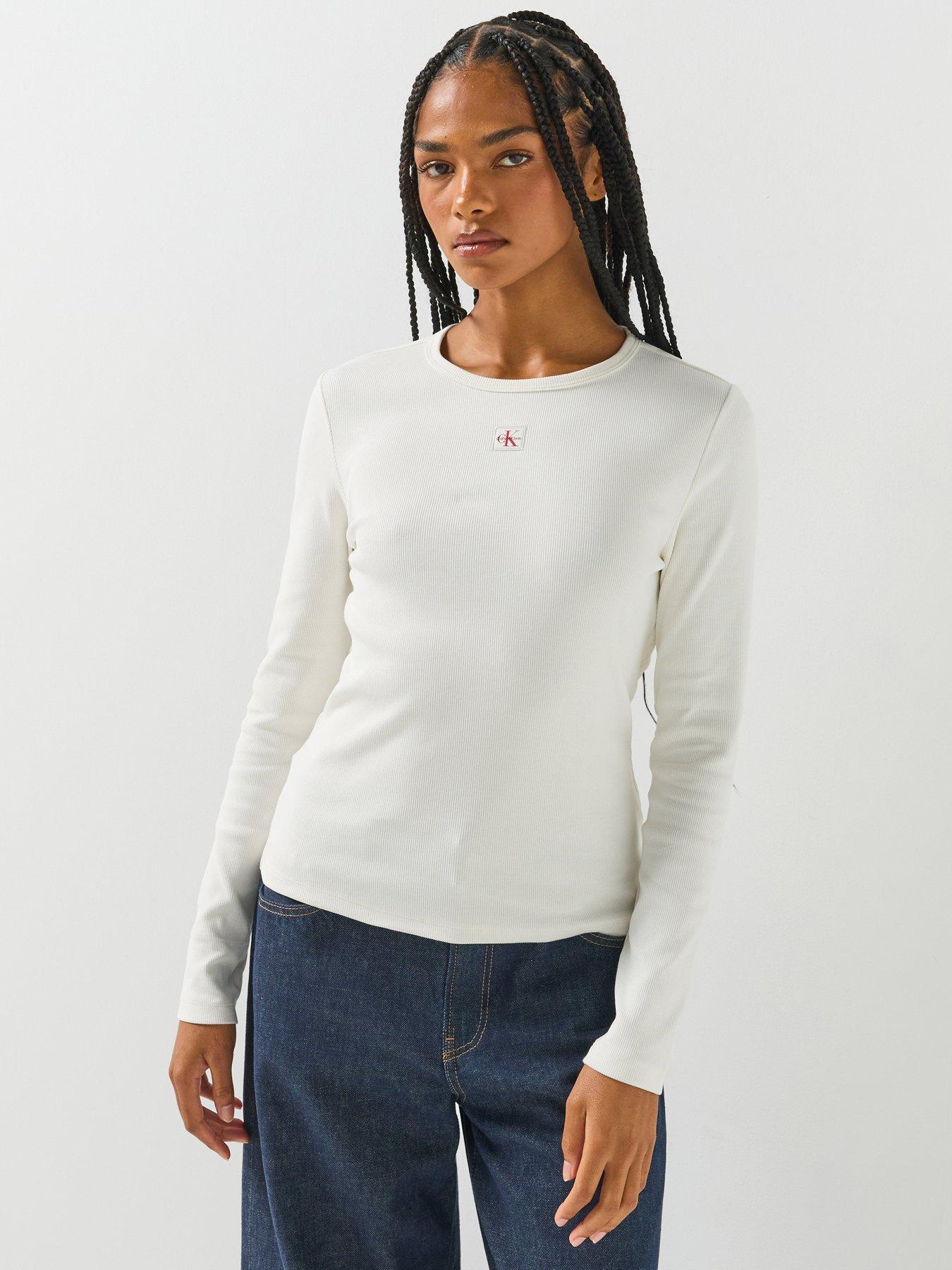 Image 1 of 6 of Calvin Klein Jeans Jeans Woven Label Long Sleeve T-shirt - Cream