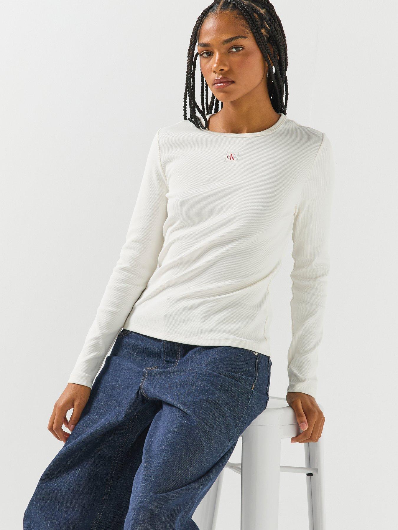 Image 4 of 6 of Calvin Klein Jeans Jeans Woven Label Long Sleeve T-shirt - Cream