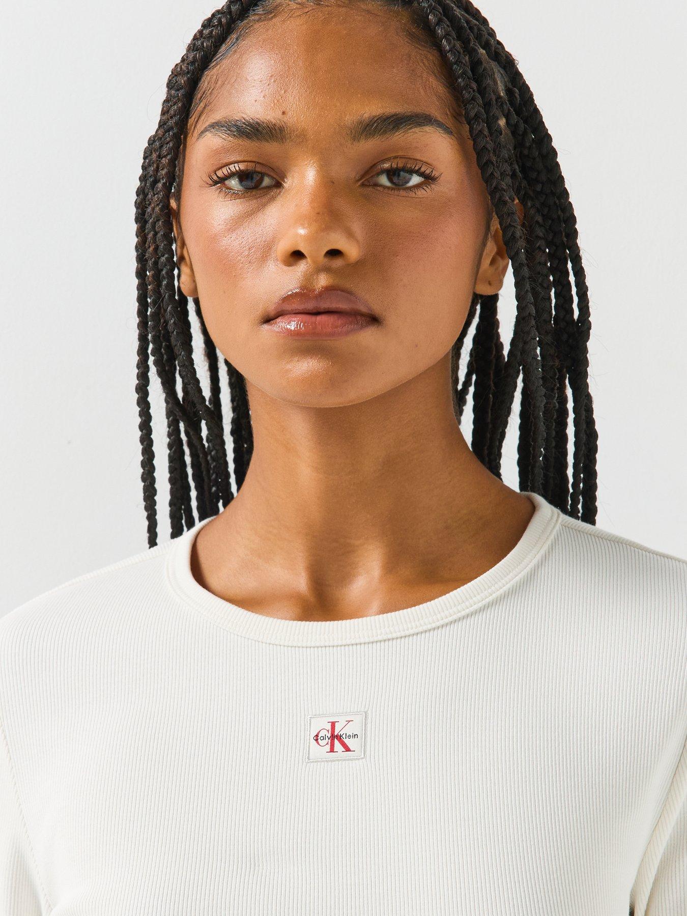 Image 6 of 6 of Calvin Klein Jeans Jeans Woven Label Long Sleeve T-shirt - Cream