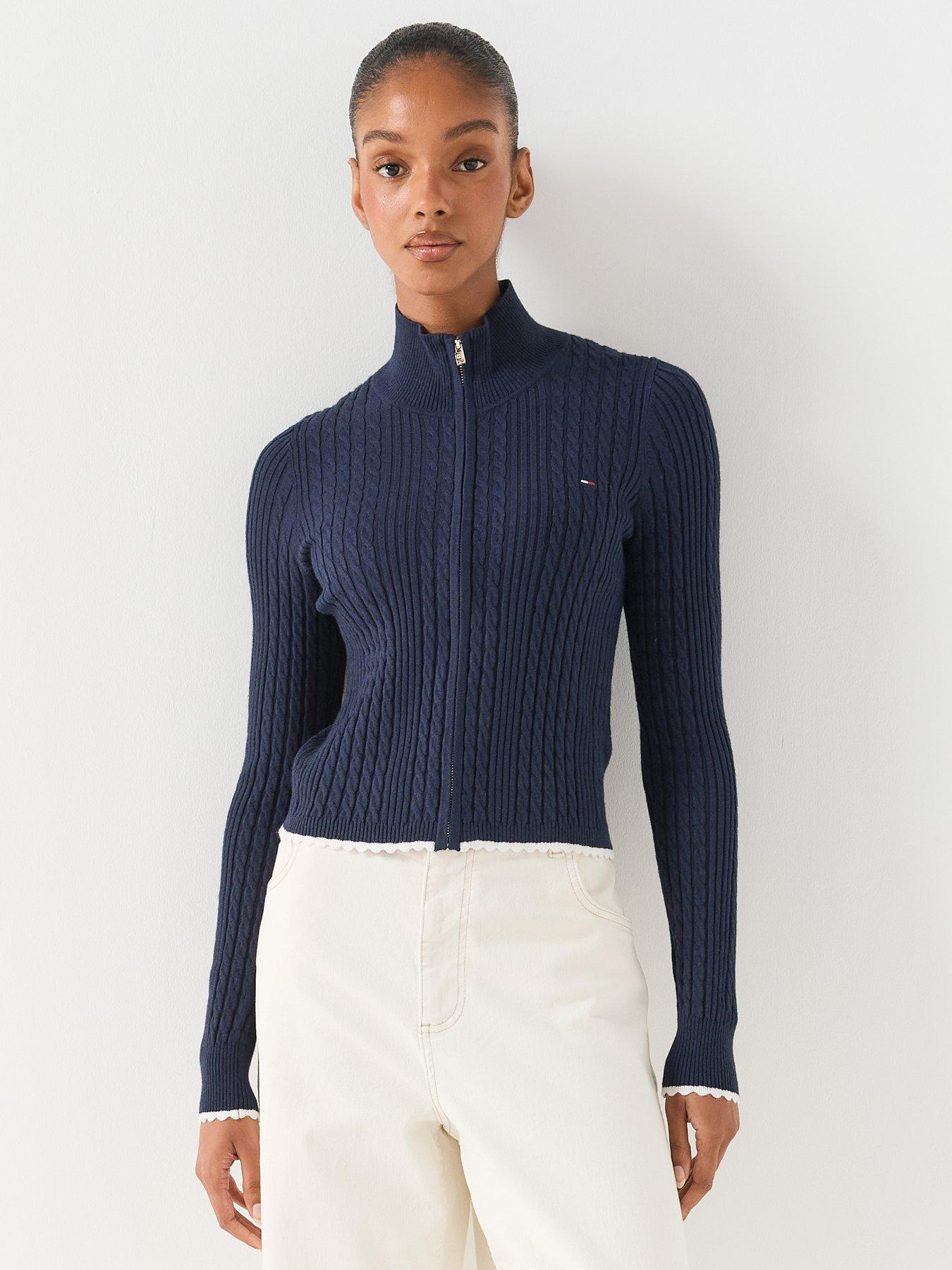 Image 1 of 6 of Tommy Jeans Micro Cable Knit Slim Zip-thru Jumper - Blue