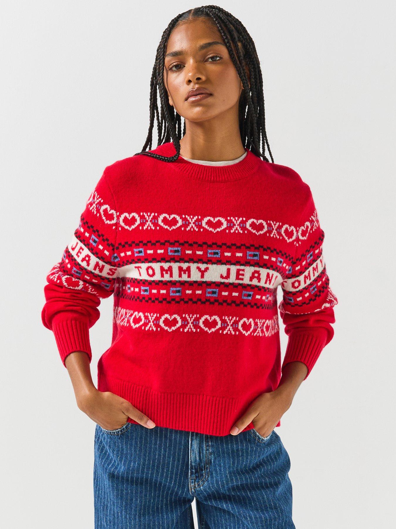 Image 1 of 6 of Tommy Jeans Festive Pure Wool Fair Isle Jumper - Red