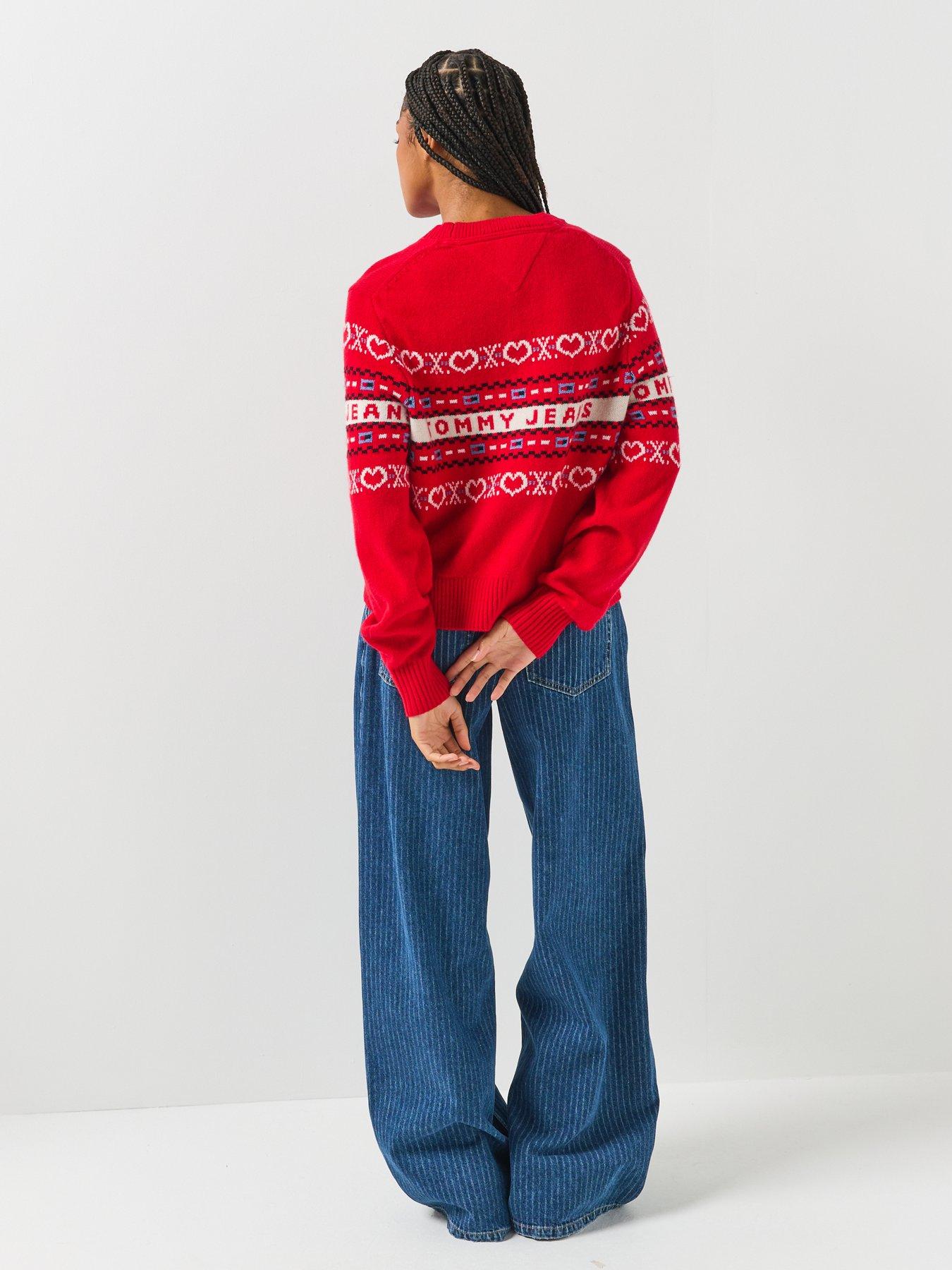 Image 2 of 6 of Tommy Jeans Festive Pure Wool Fair Isle Jumper - Red