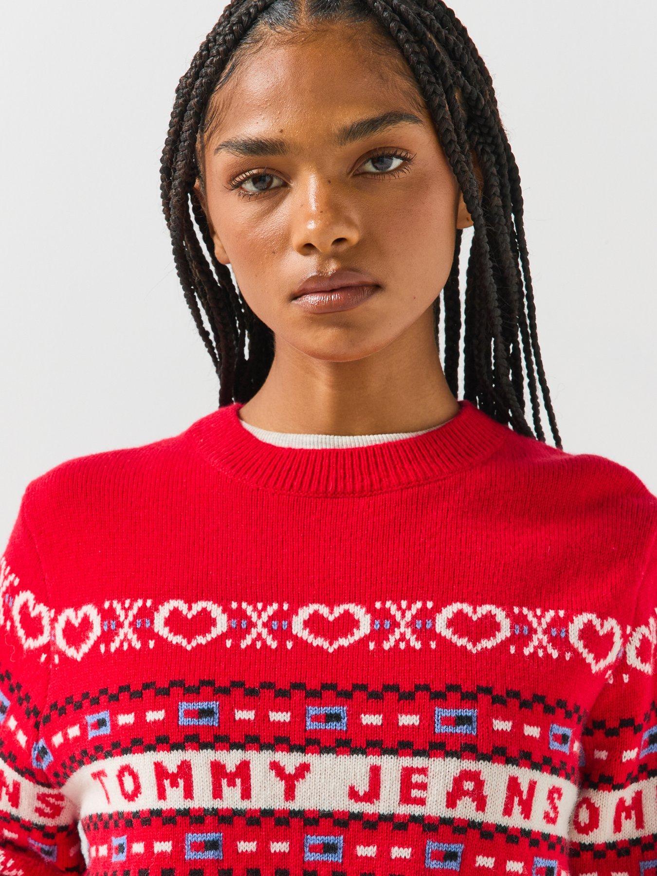 Image 4 of 6 of Tommy Jeans Festive Pure Wool Fair Isle Jumper - Red