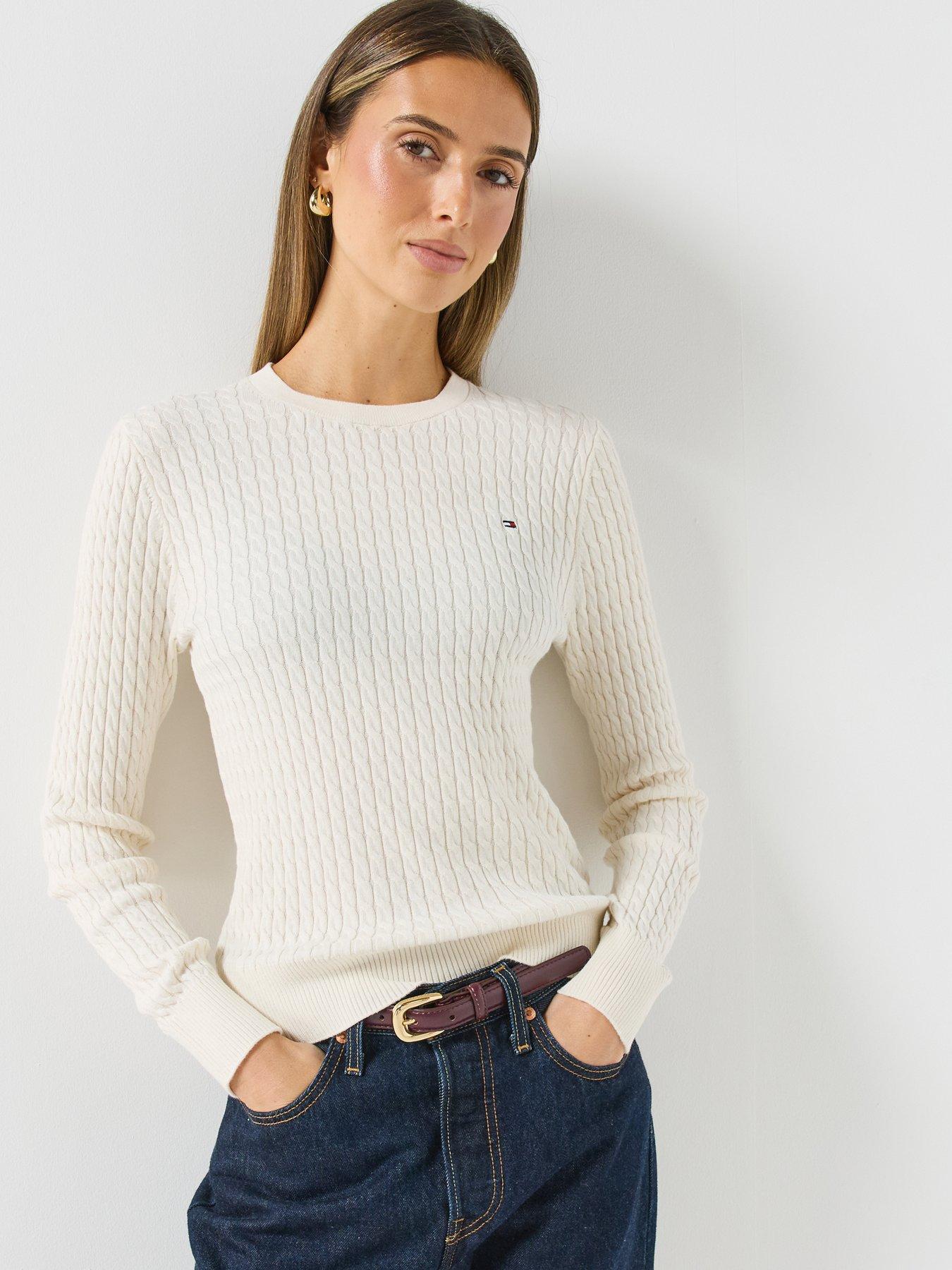 Image 1 of 6 of Tommy Hilfiger Fine Cable Knit Crew Neck Jumper - Cream