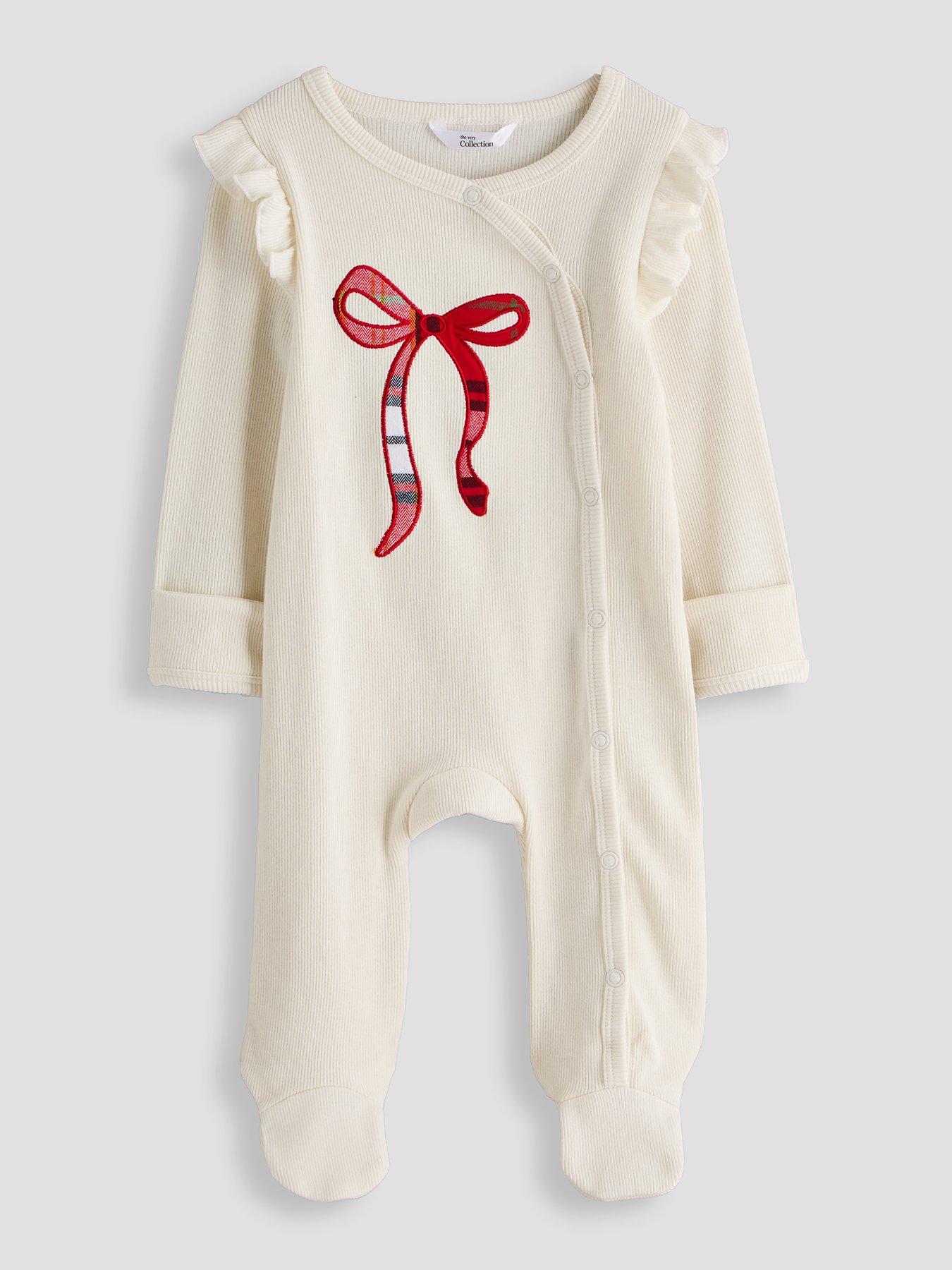 The Very Collection Baby Family Festive Red Check Woven Bow Sleepsuit - Cream