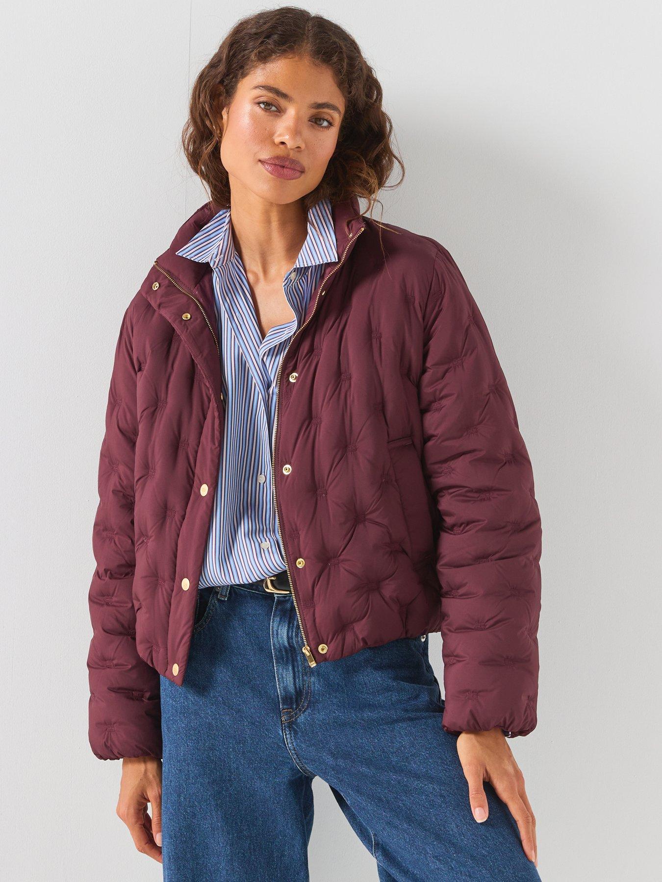 Image 1 of 6 of Tommy Hilfiger Gold-tone Button Flag Down Quilted Jacket - Red