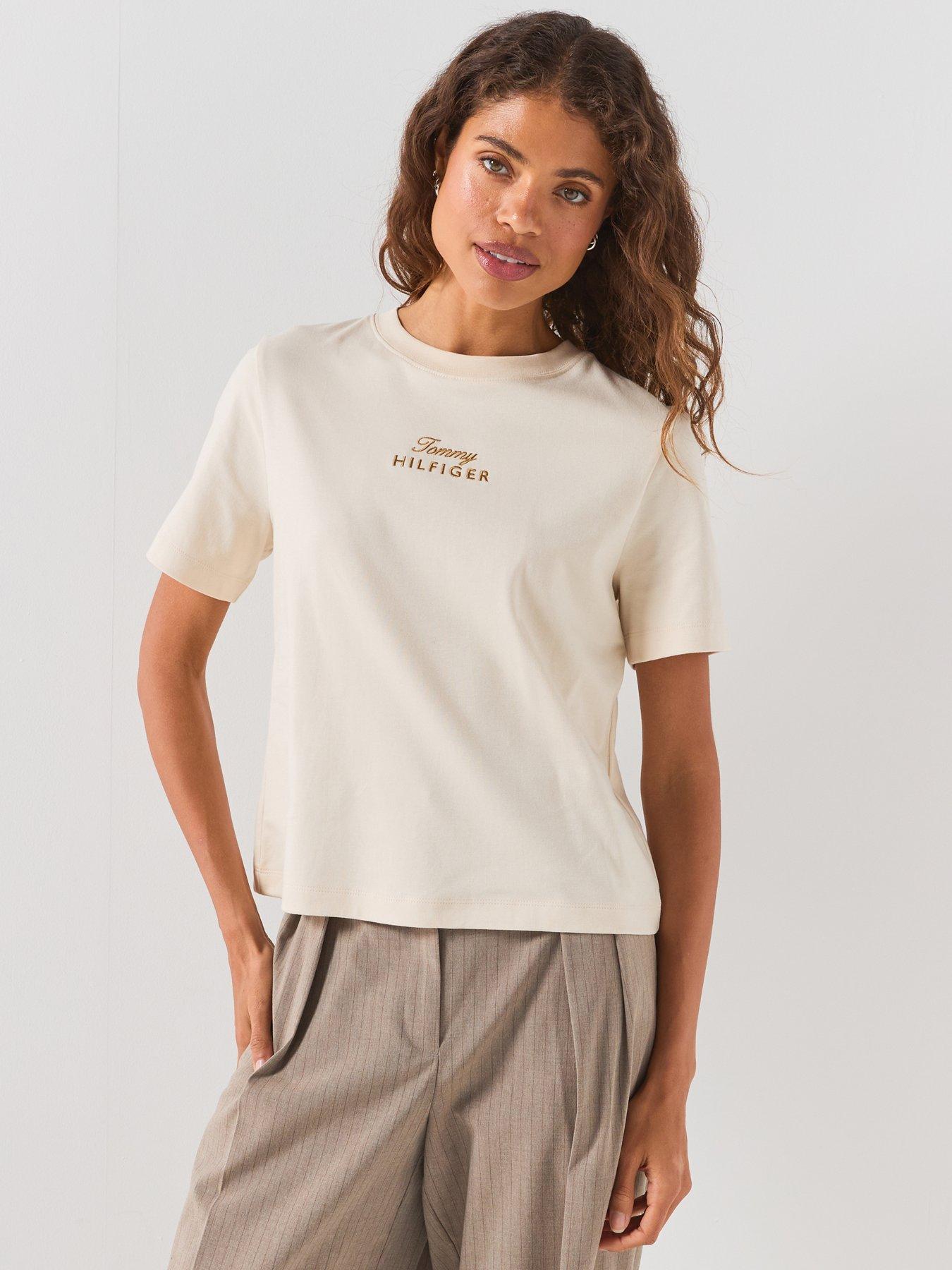 Image 1 of 6 of Tommy Hilfiger Logo Embroidery Crew Neck T-shirt - Beige