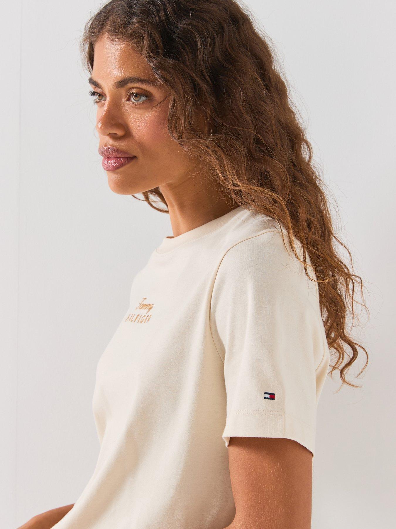 Image 4 of 6 of Tommy Hilfiger Logo Embroidery Crew Neck T-shirt - Beige
