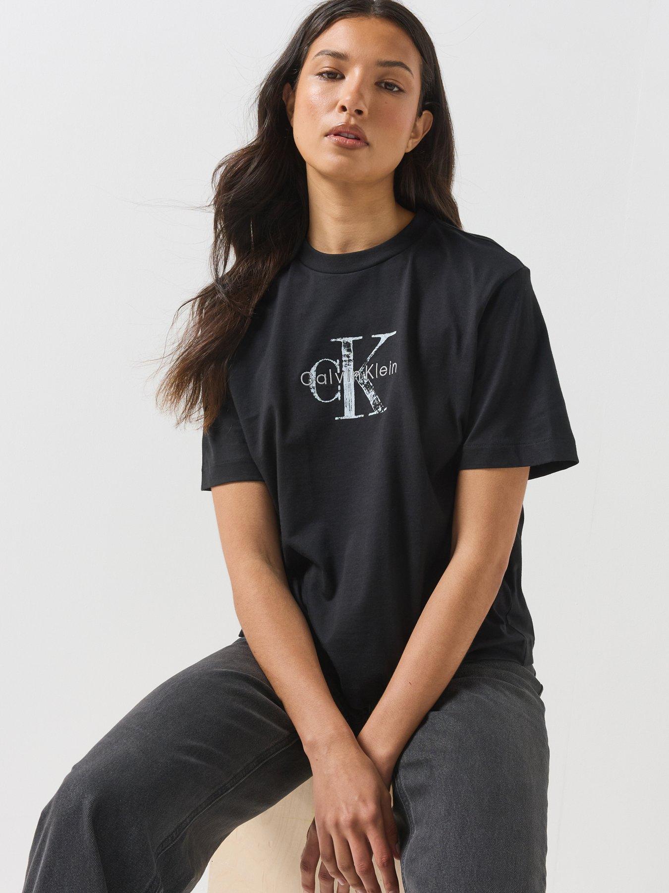 Image 1 of 6 of Calvin Klein Jeans Short Sleeve Boxy Hand Drawn Monologo T-shirt - Black