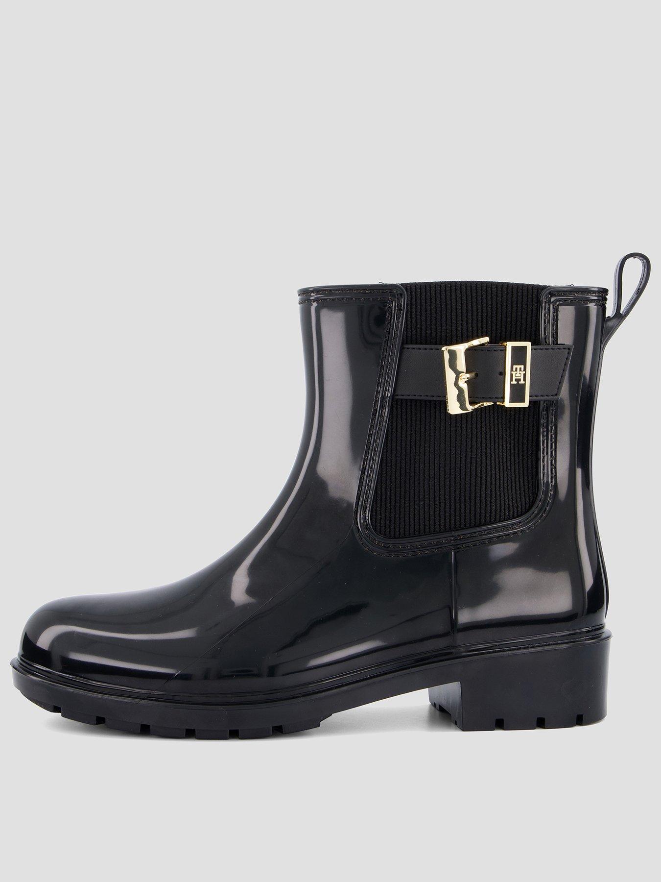 Tommy Hilfiger Shiny Buckle Cleat Rain Boots - Black