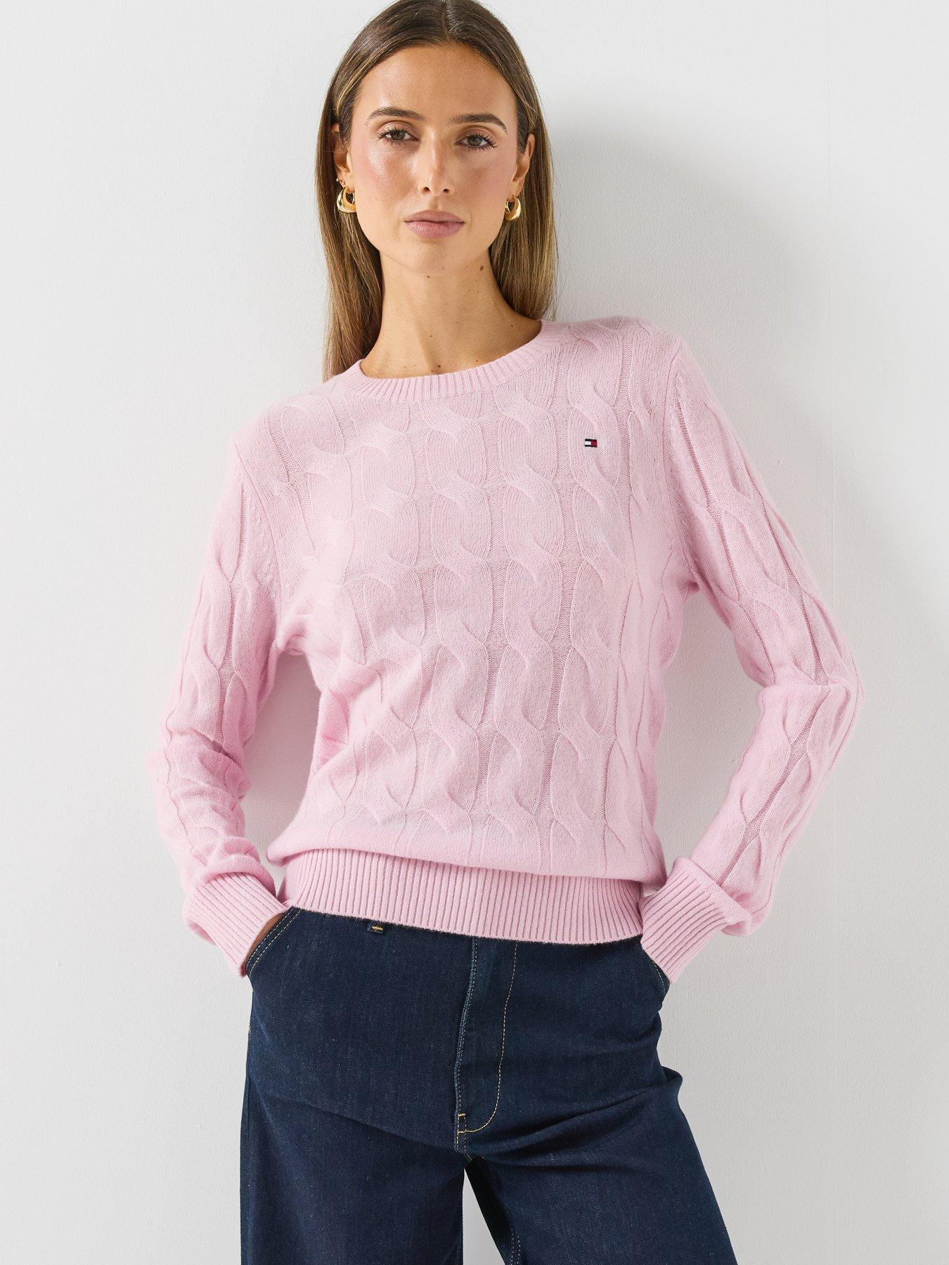 Image 1 of 6 of Tommy Hilfiger Pure Wool Chain Cable Knit Jumper - Pink