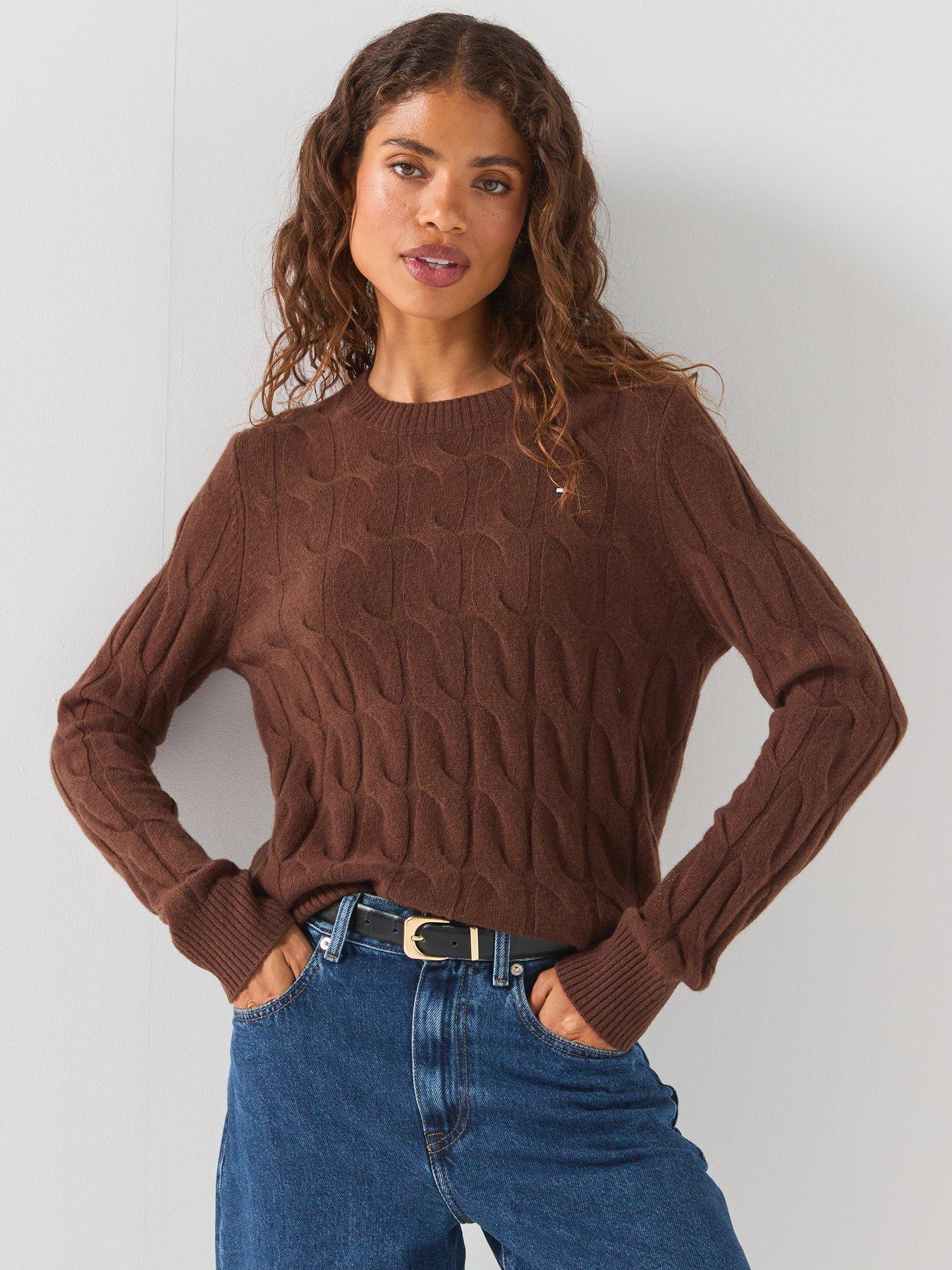 Tommy Hilfiger Women's Soft Wool Cable Knit Crew Neck Sweater - Brown