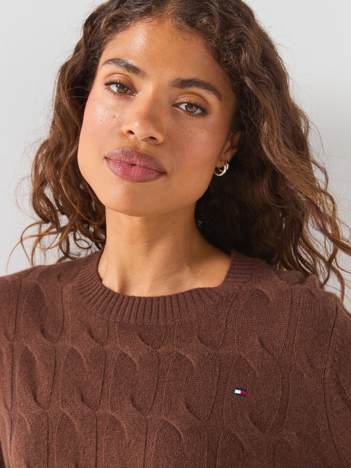 Image 5 of 6 of Tommy Hilfiger Women's Soft Wool Cable Knit Crew Neck Sweater - Brown