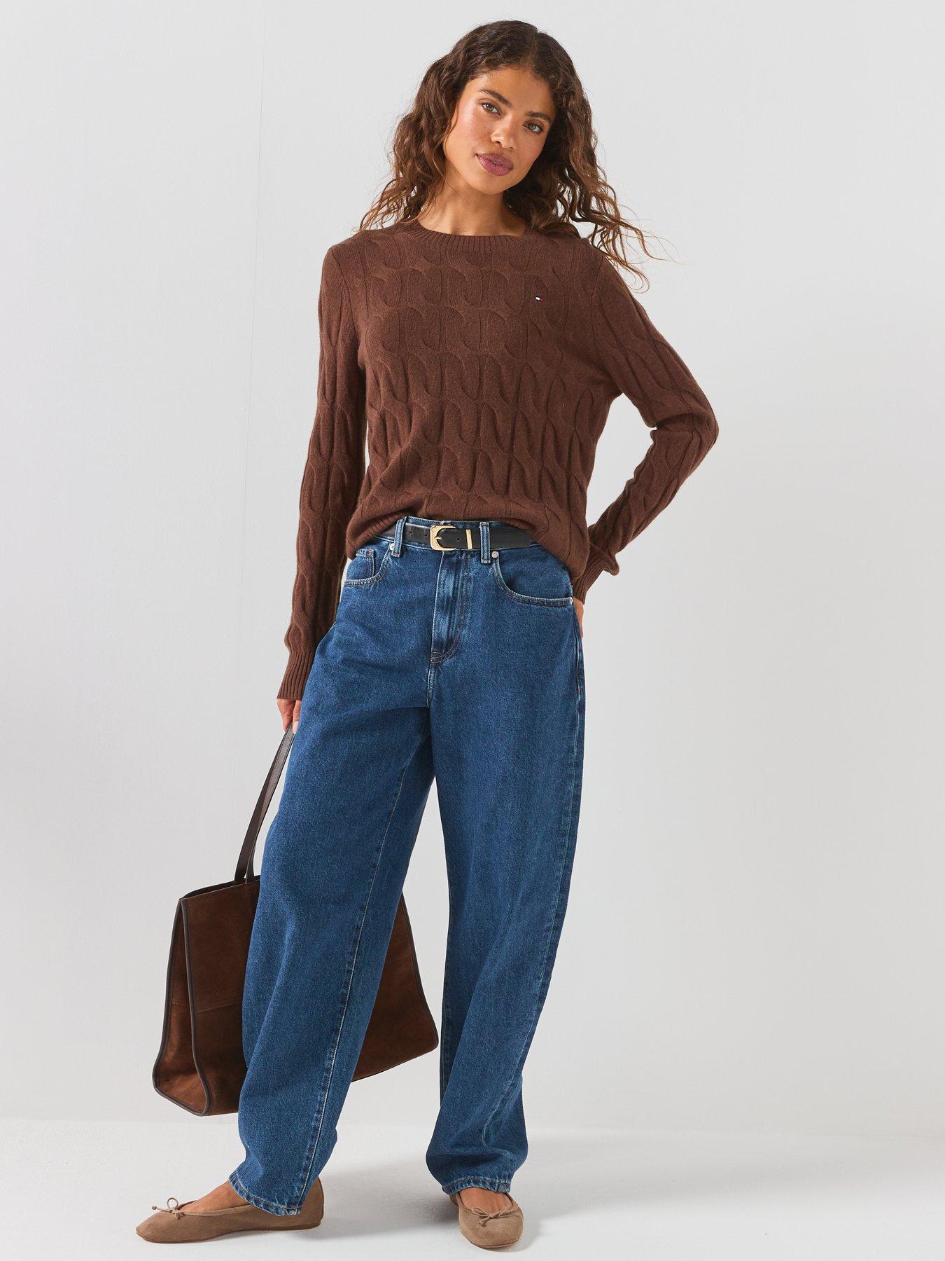 Image 6 of 6 of Tommy Hilfiger Women's Soft Wool Cable Knit Crew Neck Sweater - Brown