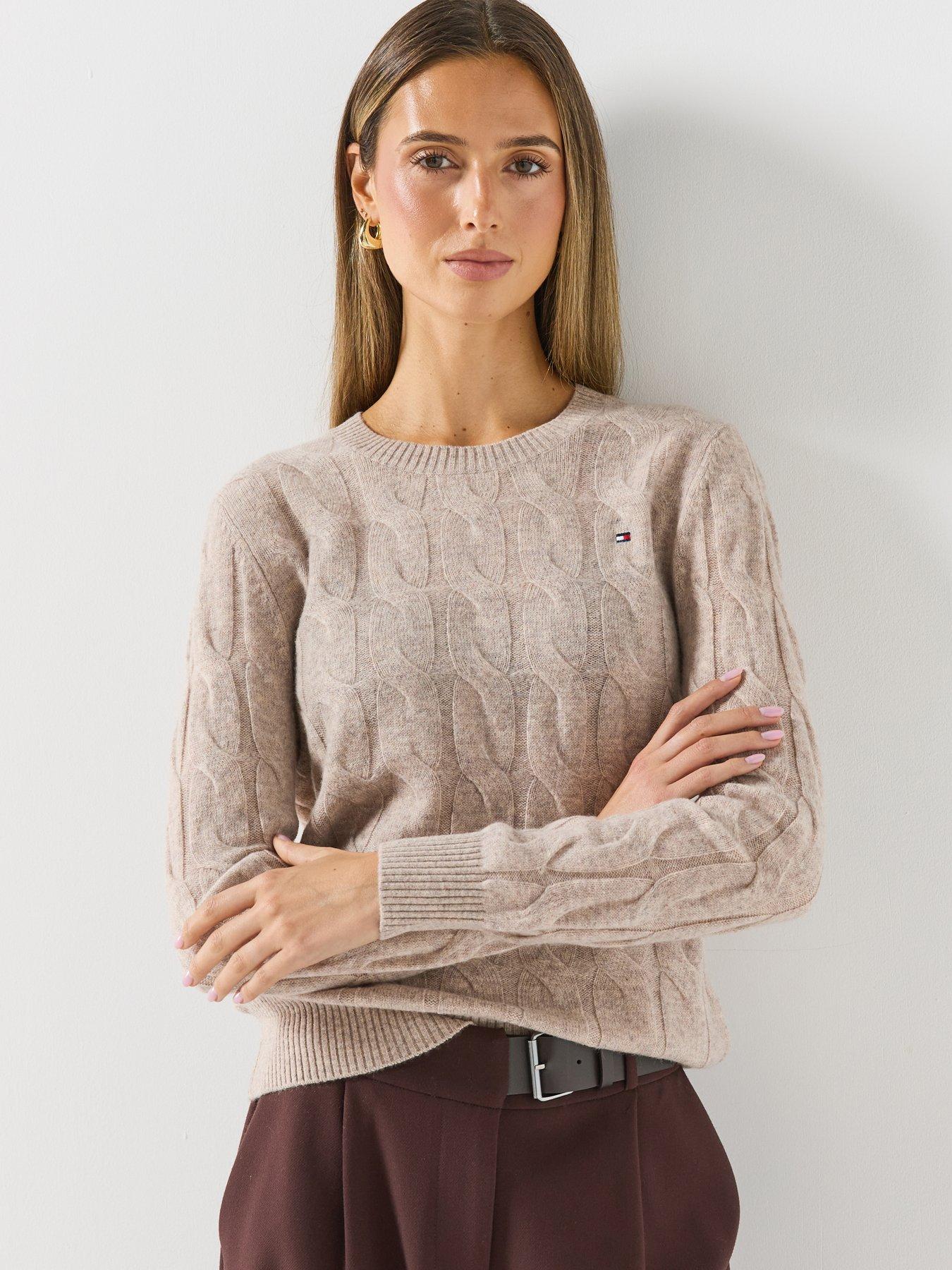 Image 1 of 6 of Tommy Hilfiger Womens Pure Wool Chain Cable Knit Crew Neck Jumper - Brown