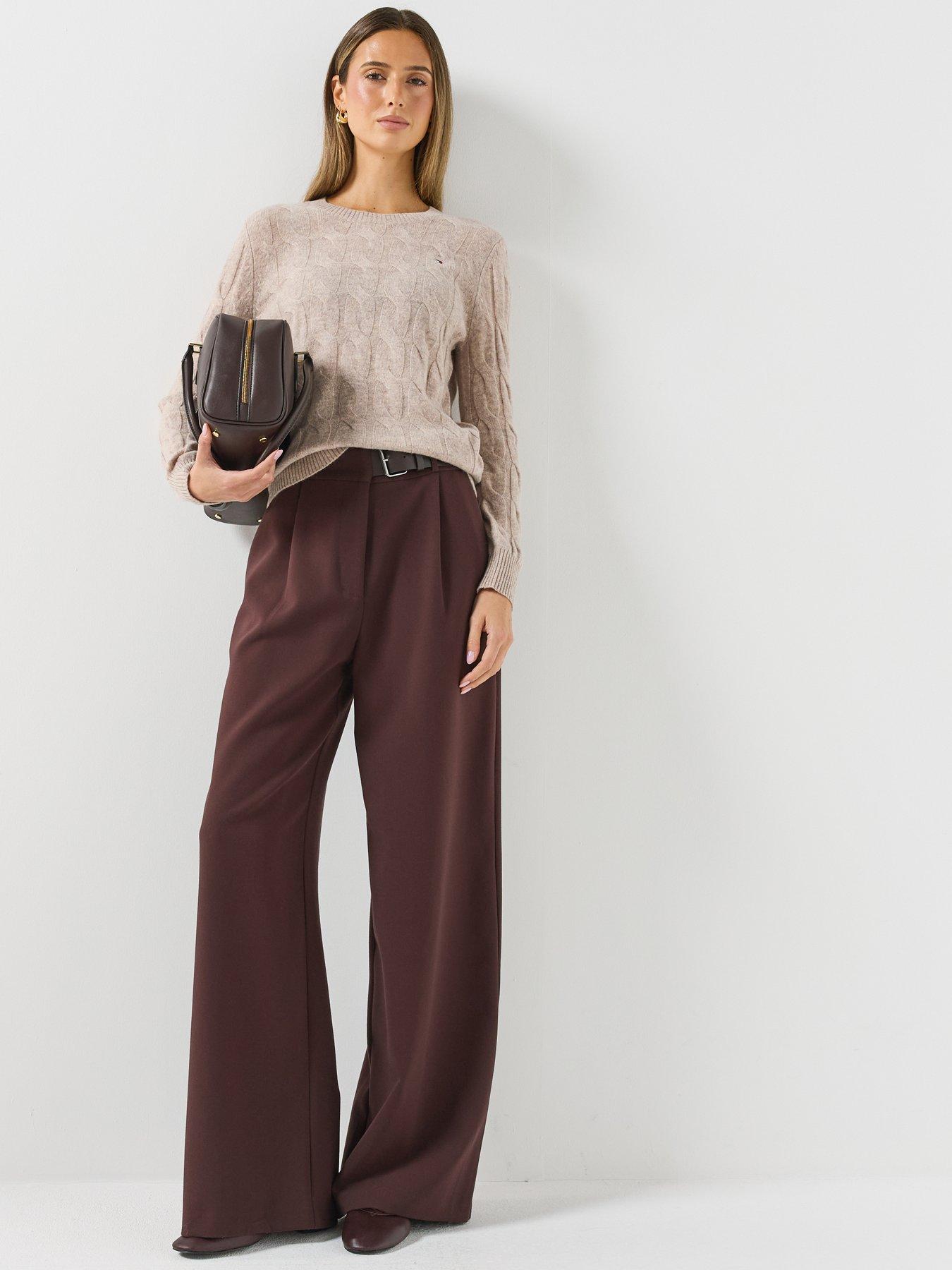 Image 3 of 6 of Tommy Hilfiger Womens Pure Wool Chain Cable Knit Crew Neck Jumper - Brown