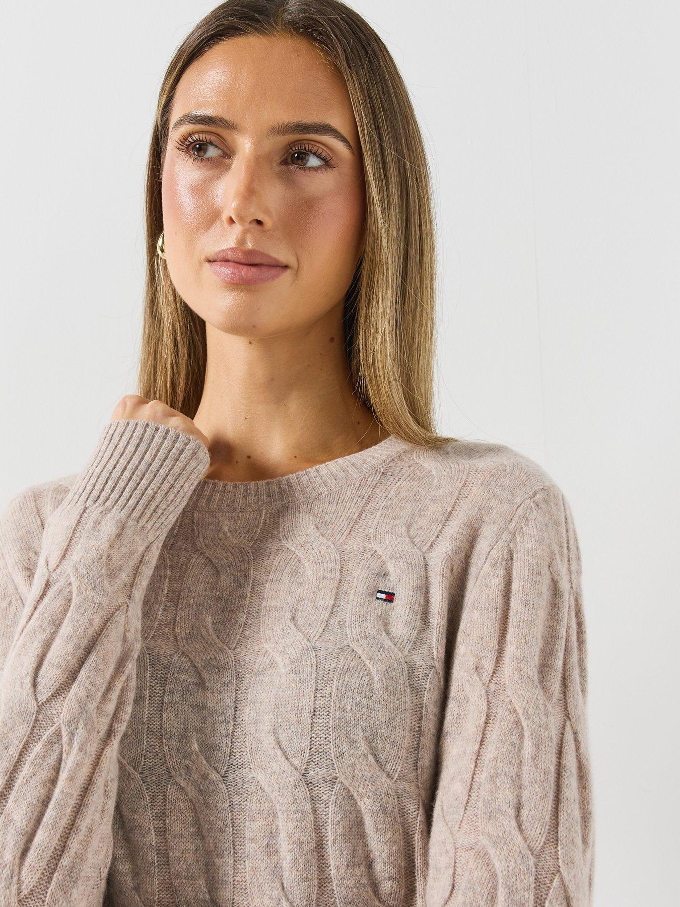 Image 4 of 6 of Tommy Hilfiger Womens Pure Wool Chain Cable Knit Crew Neck Jumper - Brown