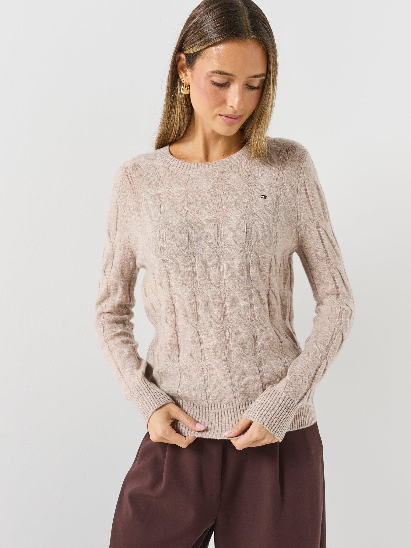 Image 5 of 6 of Tommy Hilfiger Womens Pure Wool Chain Cable Knit Crew Neck Jumper - Brown