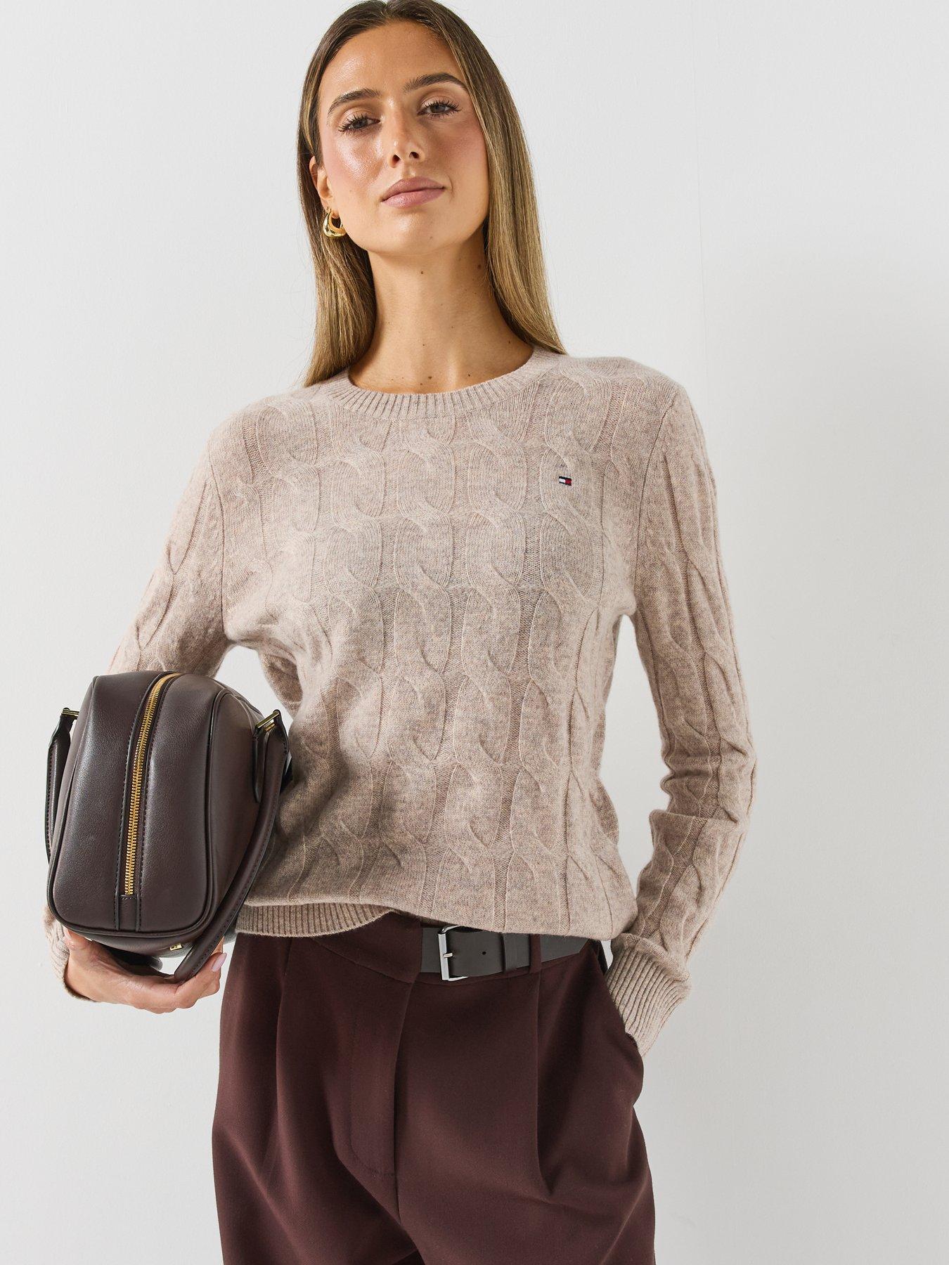Image 6 of 6 of Tommy Hilfiger Womens Pure Wool Chain Cable Knit Crew Neck Jumper - Brown