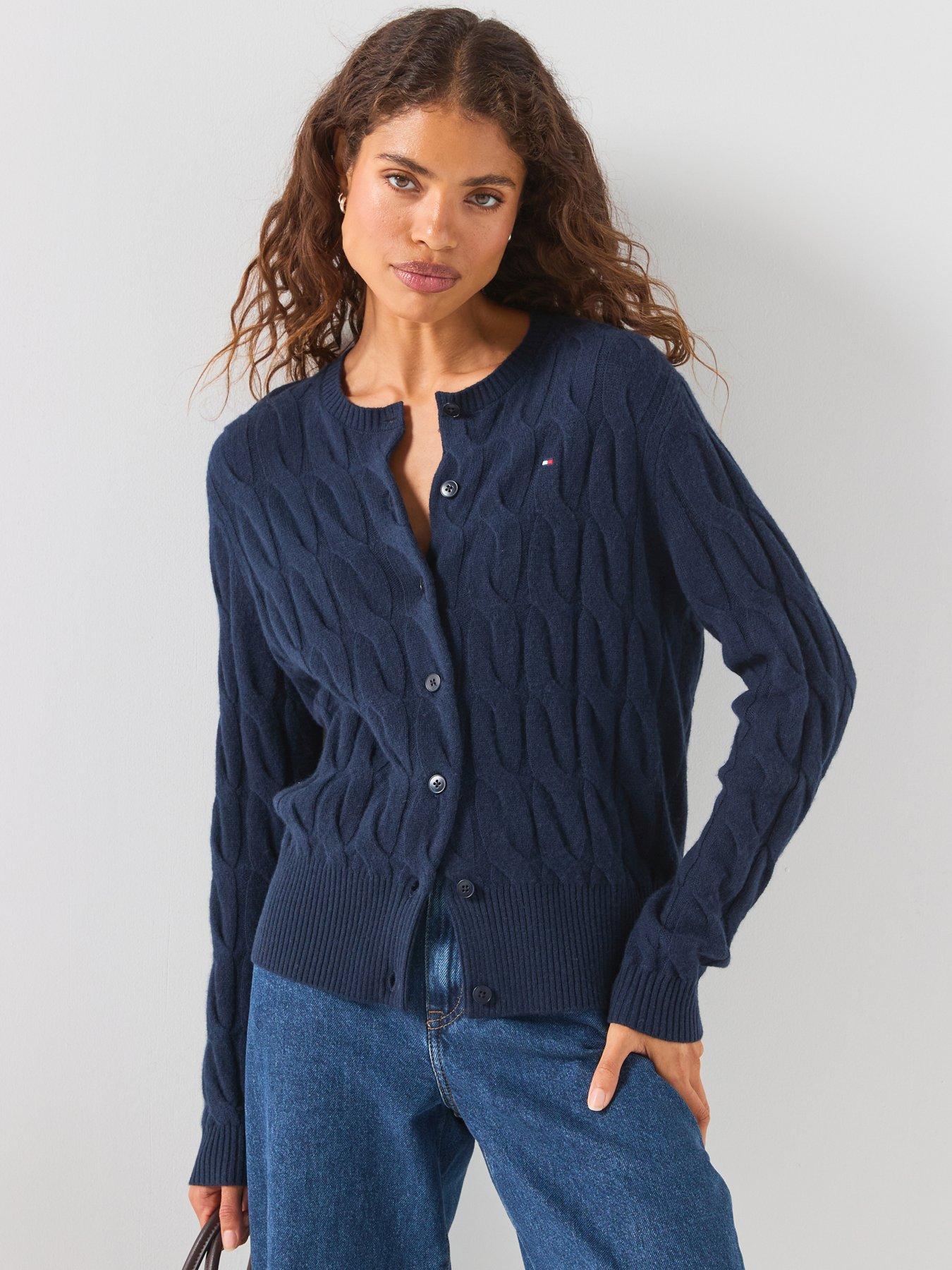 Image 1 of 6 of Tommy Hilfiger Pure Wool Cable Knit Slim Cardigan - Blue