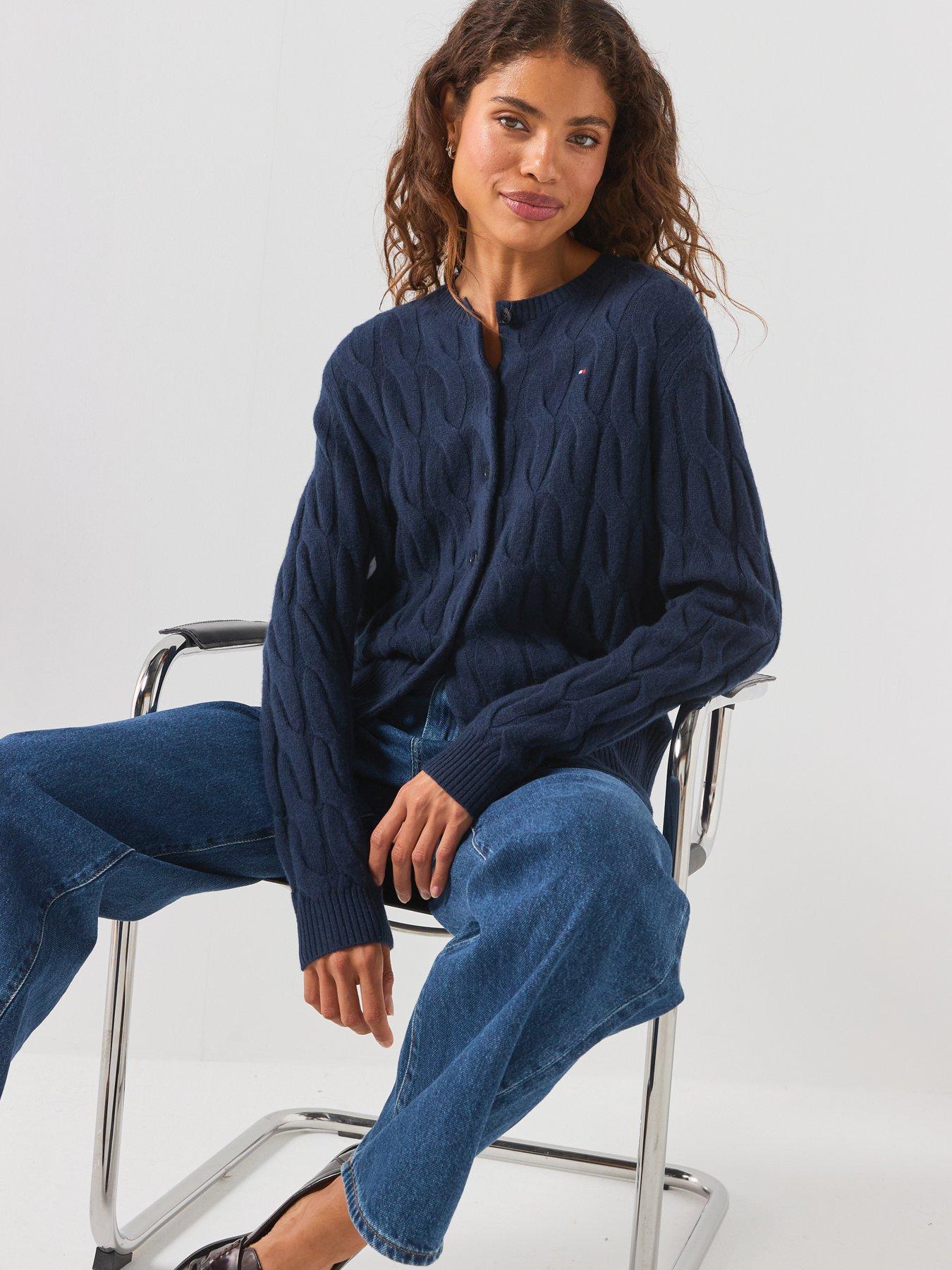 Image 4 of 6 of Tommy Hilfiger Pure Wool Cable Knit Slim Cardigan - Blue
