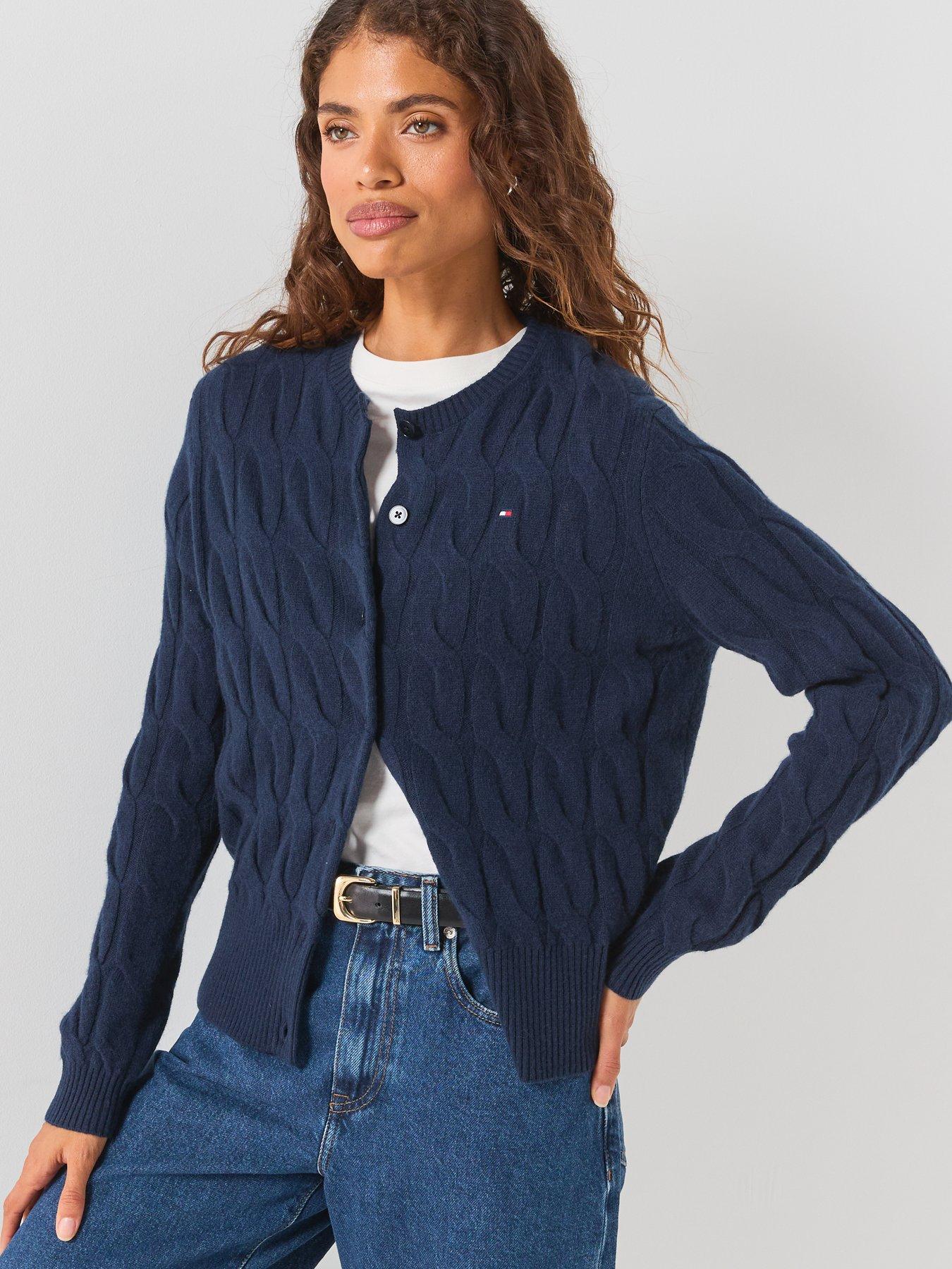 Image 6 of 6 of Tommy Hilfiger Pure Wool Cable Knit Slim Cardigan - Blue
