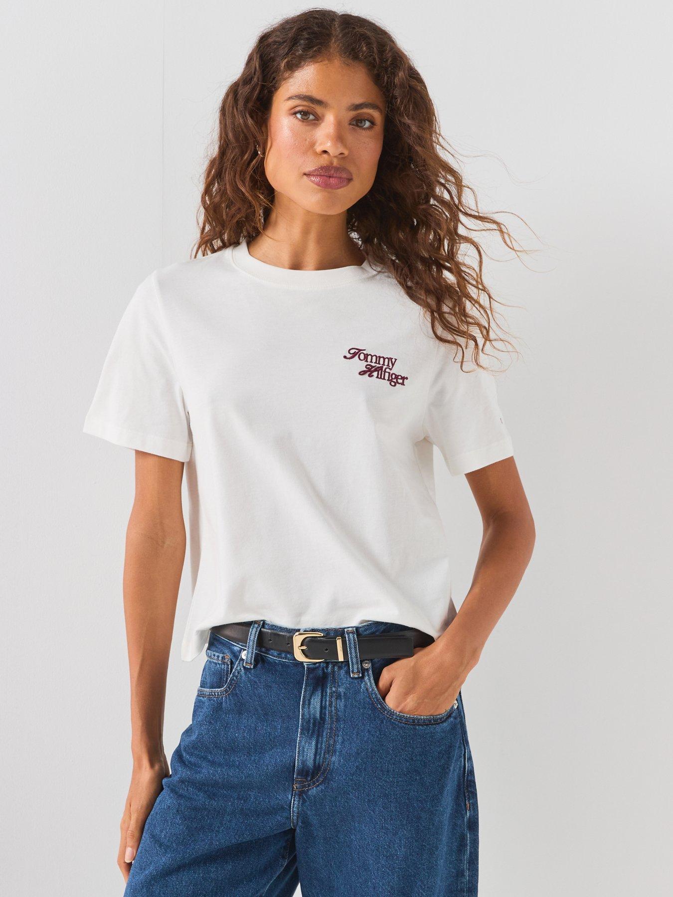 Image 1 of 6 of Tommy Hilfiger Logo Jersey Crew Neck T-shirt - Cream