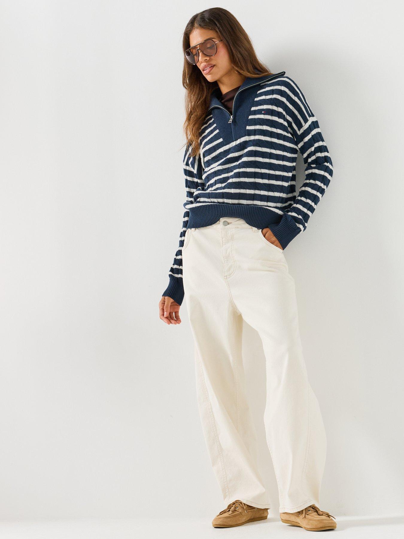 Image 3 of 6 of Tommy Hilfiger Pure Wool Cable Knit Quarter-zip Jumper - Cream / Blue