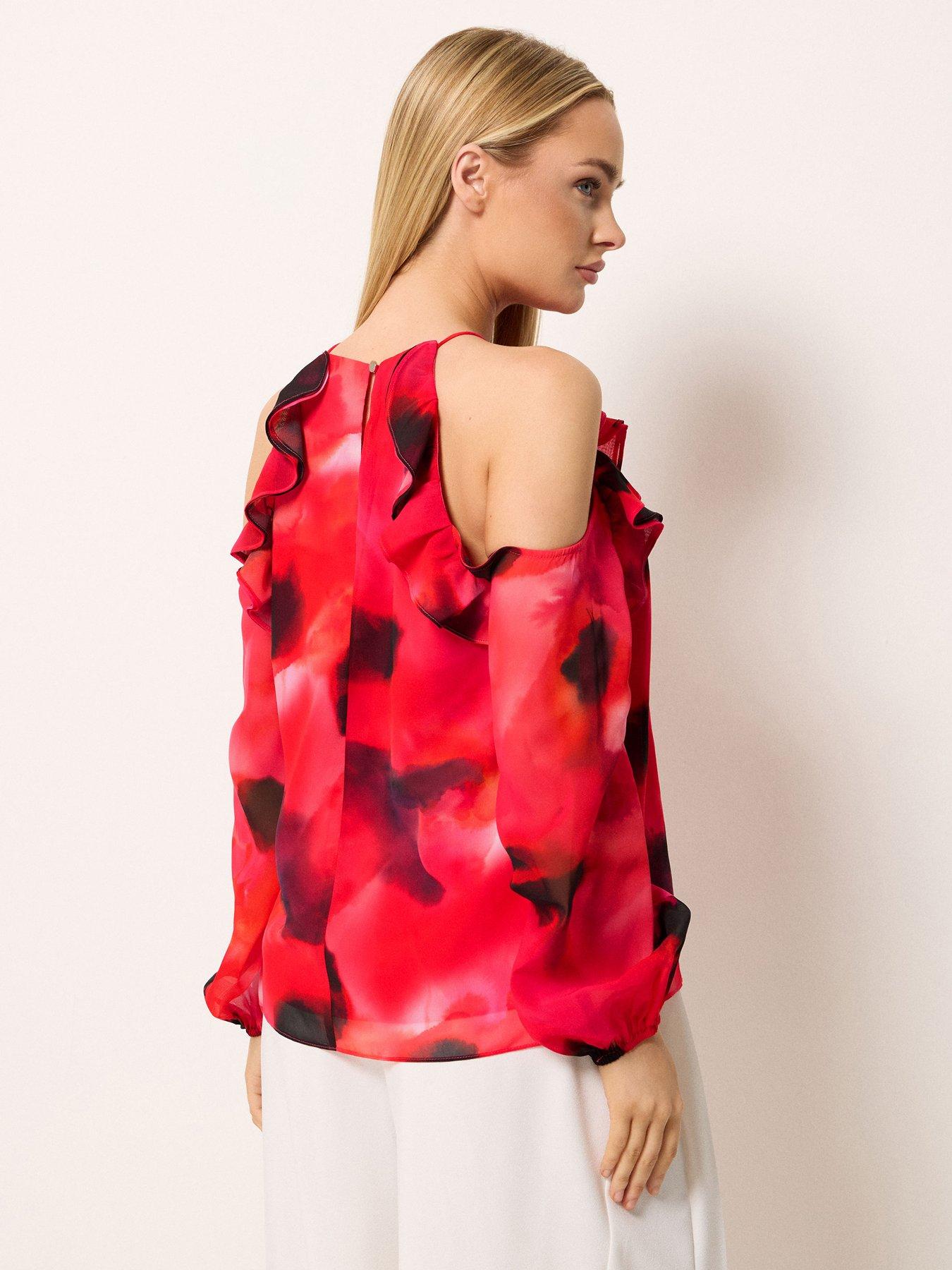 Image 2 of 5 of Star By Julien Macdonald Ruffle Cold Shoulder Top - Red