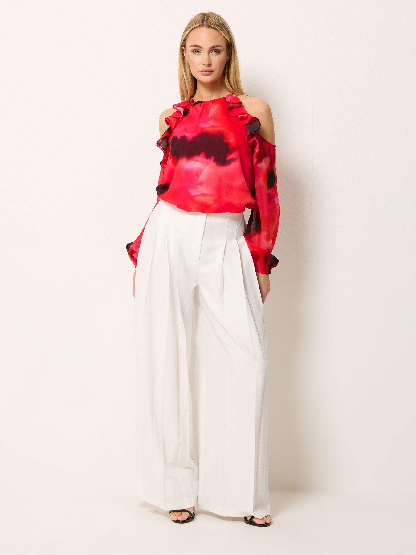 Image 3 of 5 of Star By Julien Macdonald Ruffle Cold Shoulder Top - Red