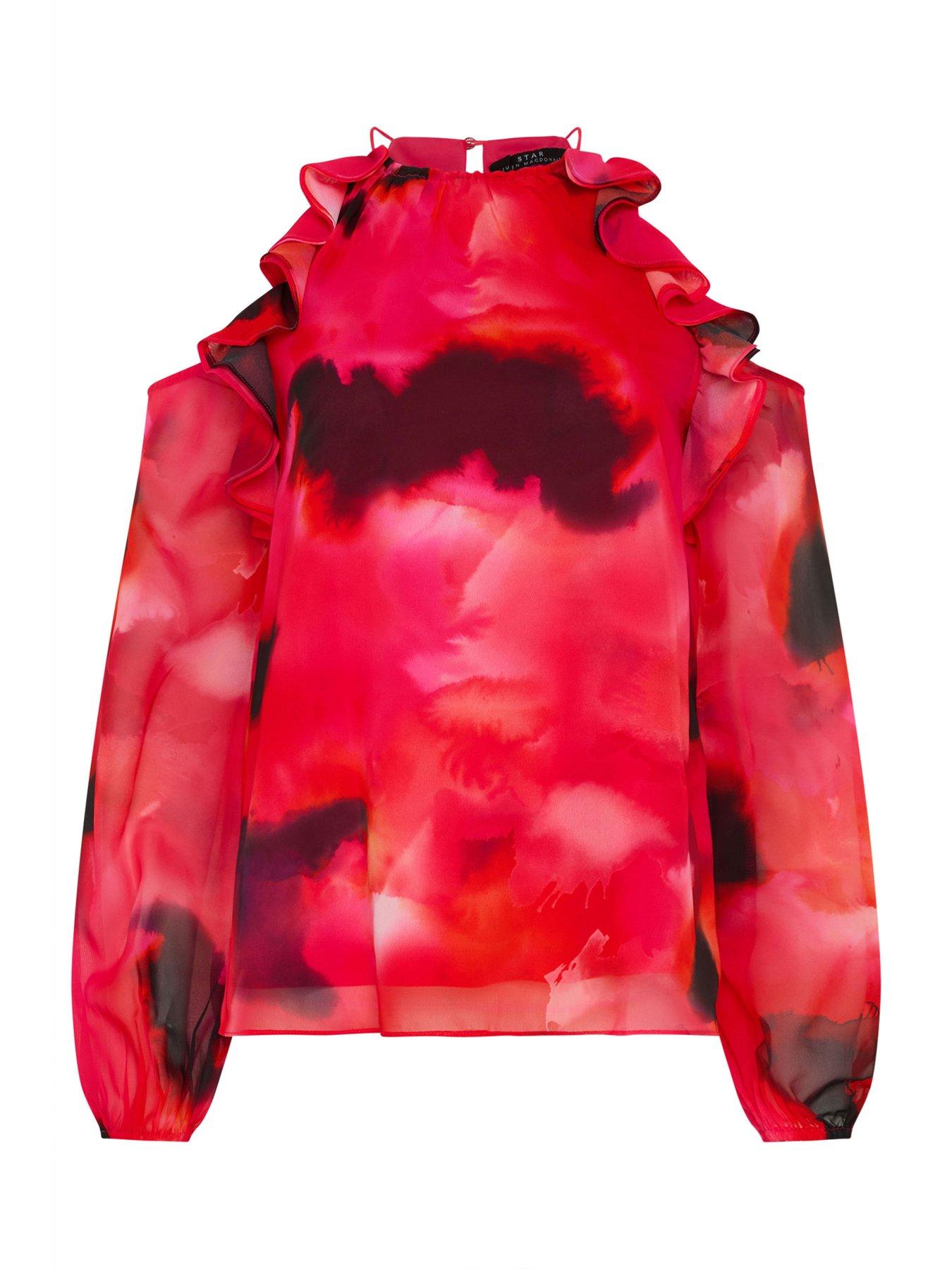 Image 5 of 5 of Star By Julien Macdonald Ruffle Cold Shoulder Top - Red