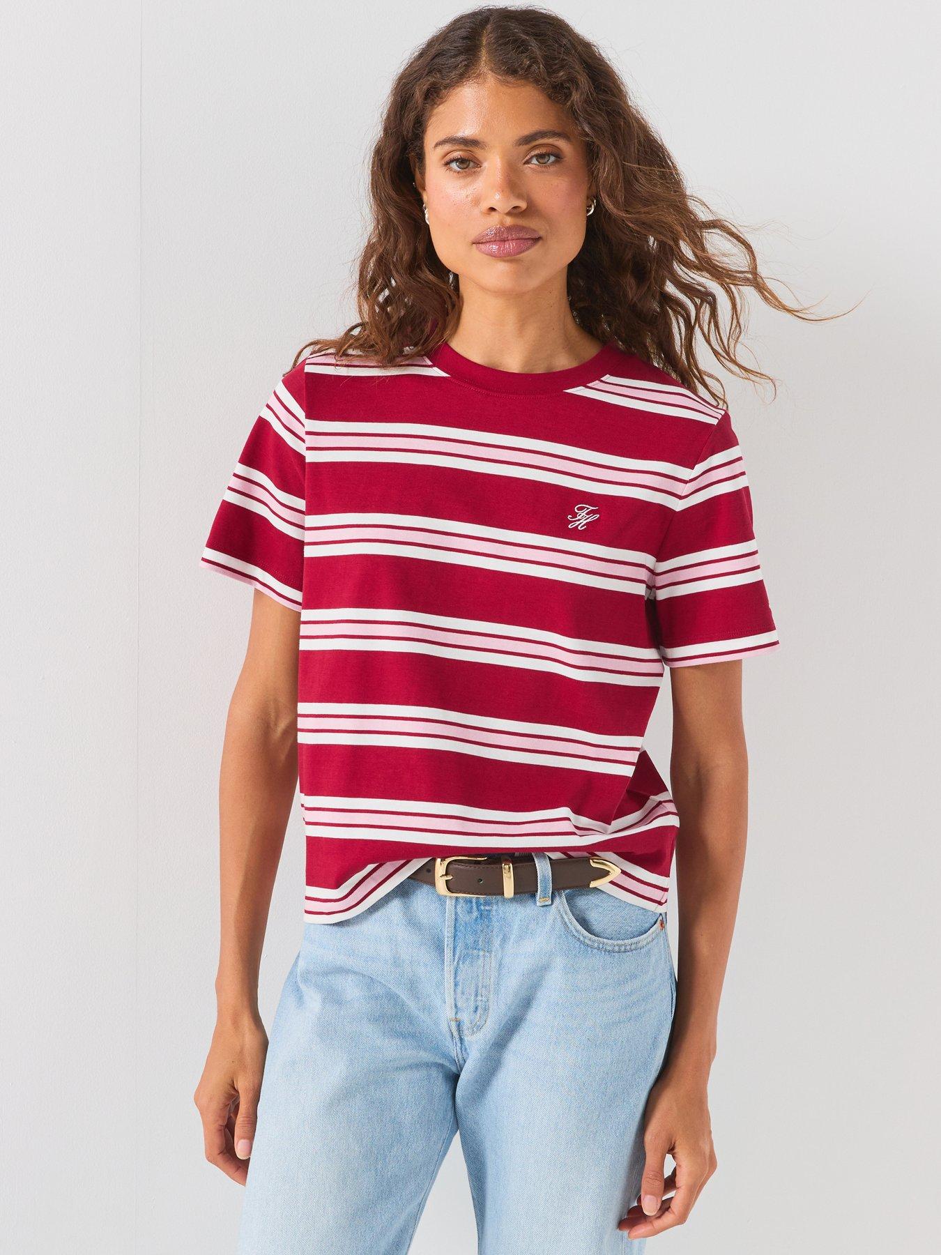 Tommy Hilfiger Women's Striped Crew Neck Short Sleeve T-Shirt - Red/White