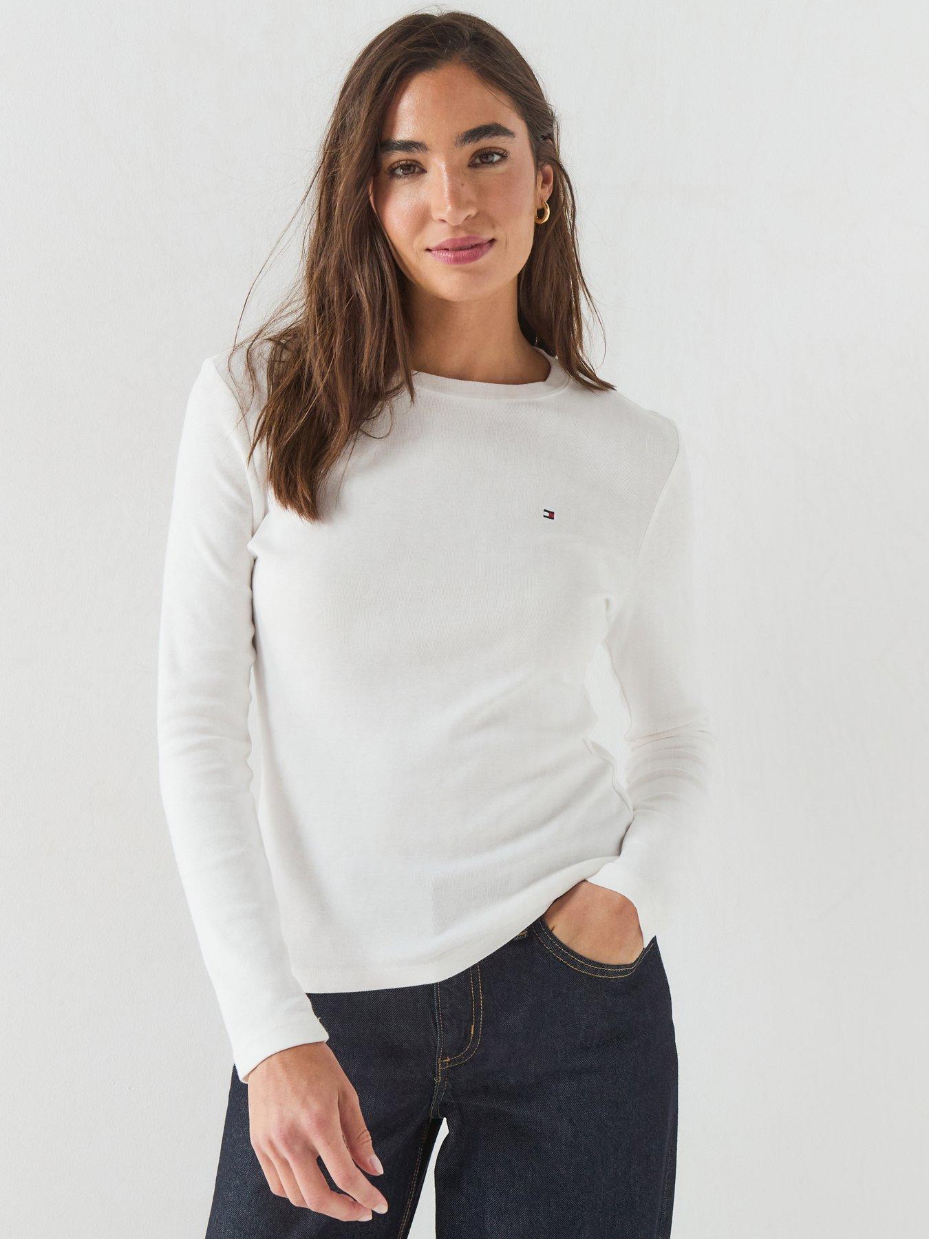 Tommy Hilfiger Women's Slim Fit Crew Neck Long Sleeve T-Shirt - Cream