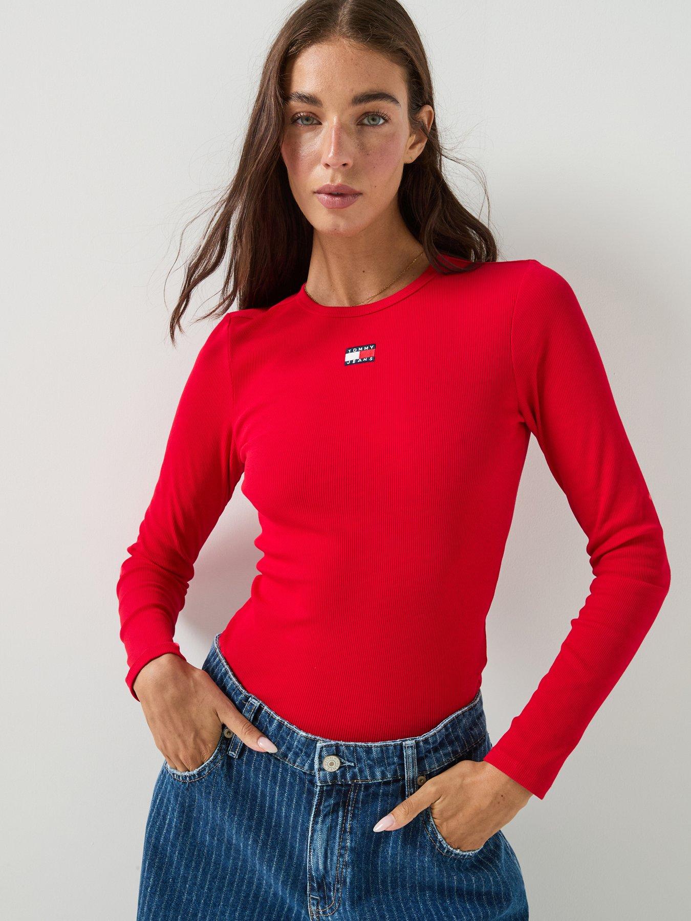 Tommy Jeans Women's Slim Fit Long Sleeve Badge T Shirt - Red