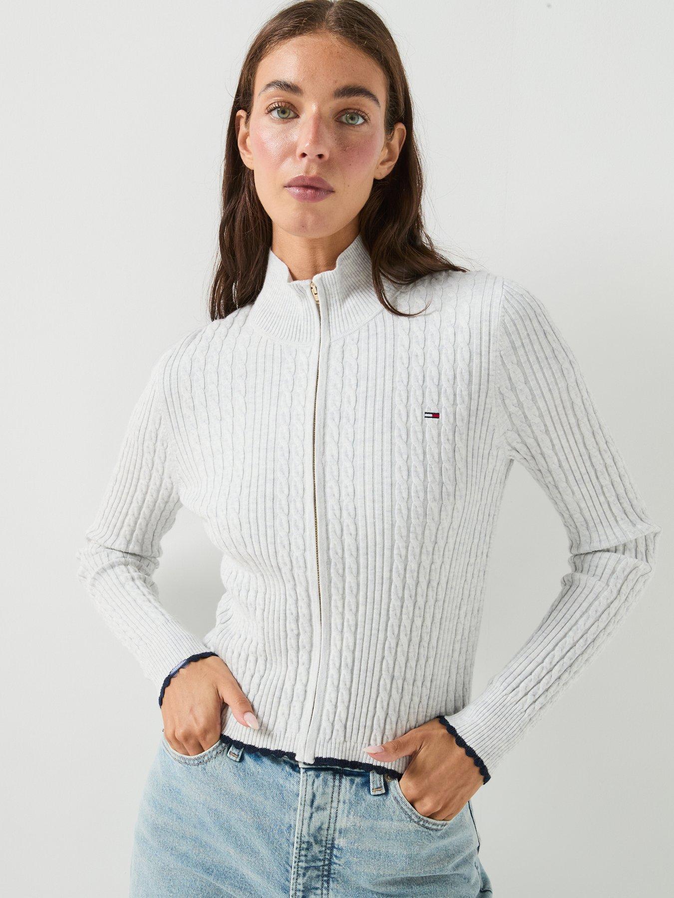 Image 4 of 4 of Tommy Jeans Micro Cable Knit Slim Zip-Through&nbsp;Jumper - Grey