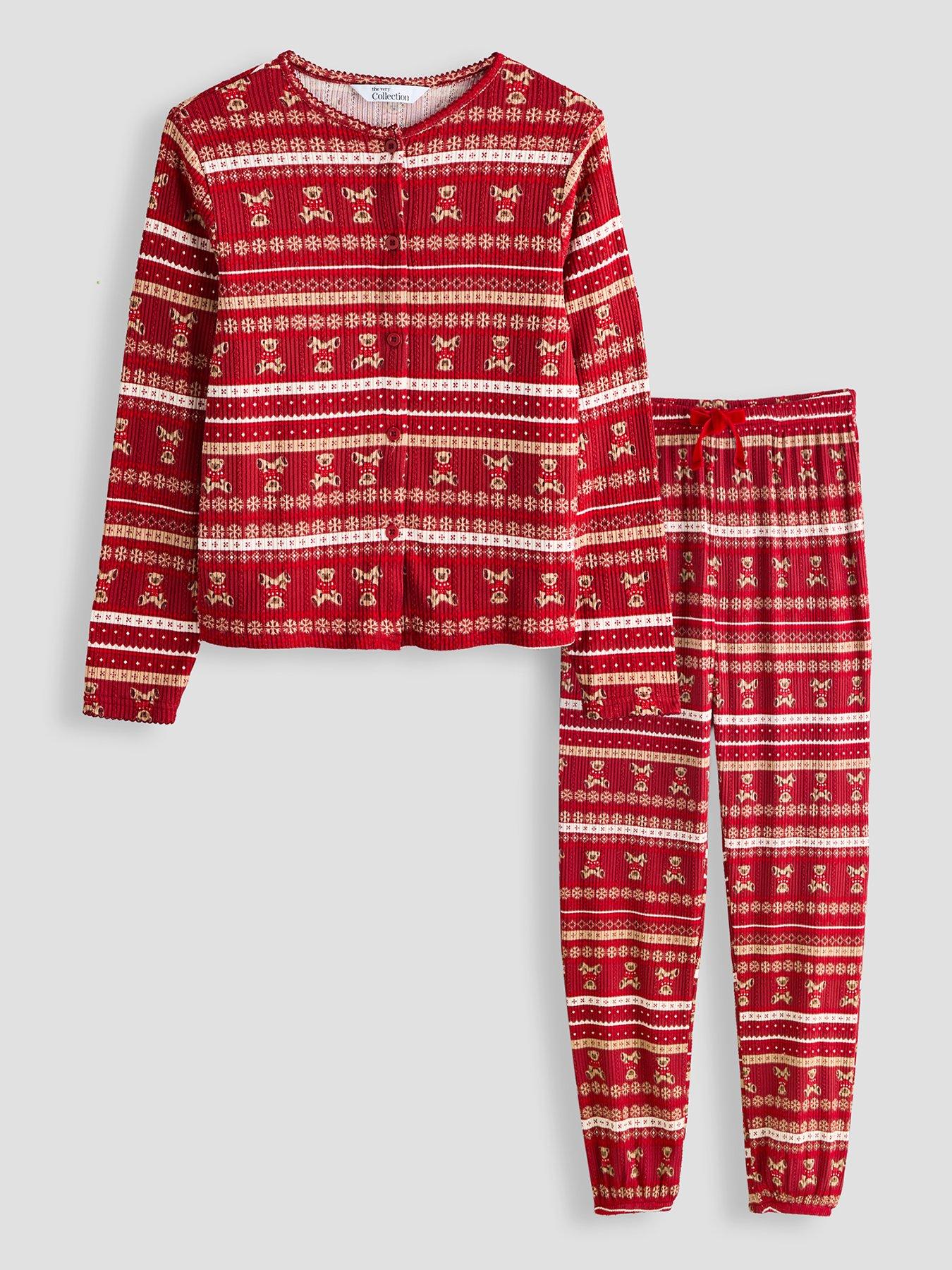 Image 2 of 6 of The Very Collection Girls Family Christmas Pyjamas Pointelle Fairisle Henley And Jogger Set - Red