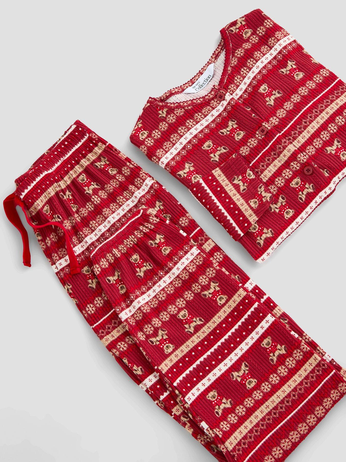 Image 4 of 6 of The Very Collection Girls Family Christmas Pyjamas Pointelle Fairisle Henley And Jogger Set - Red