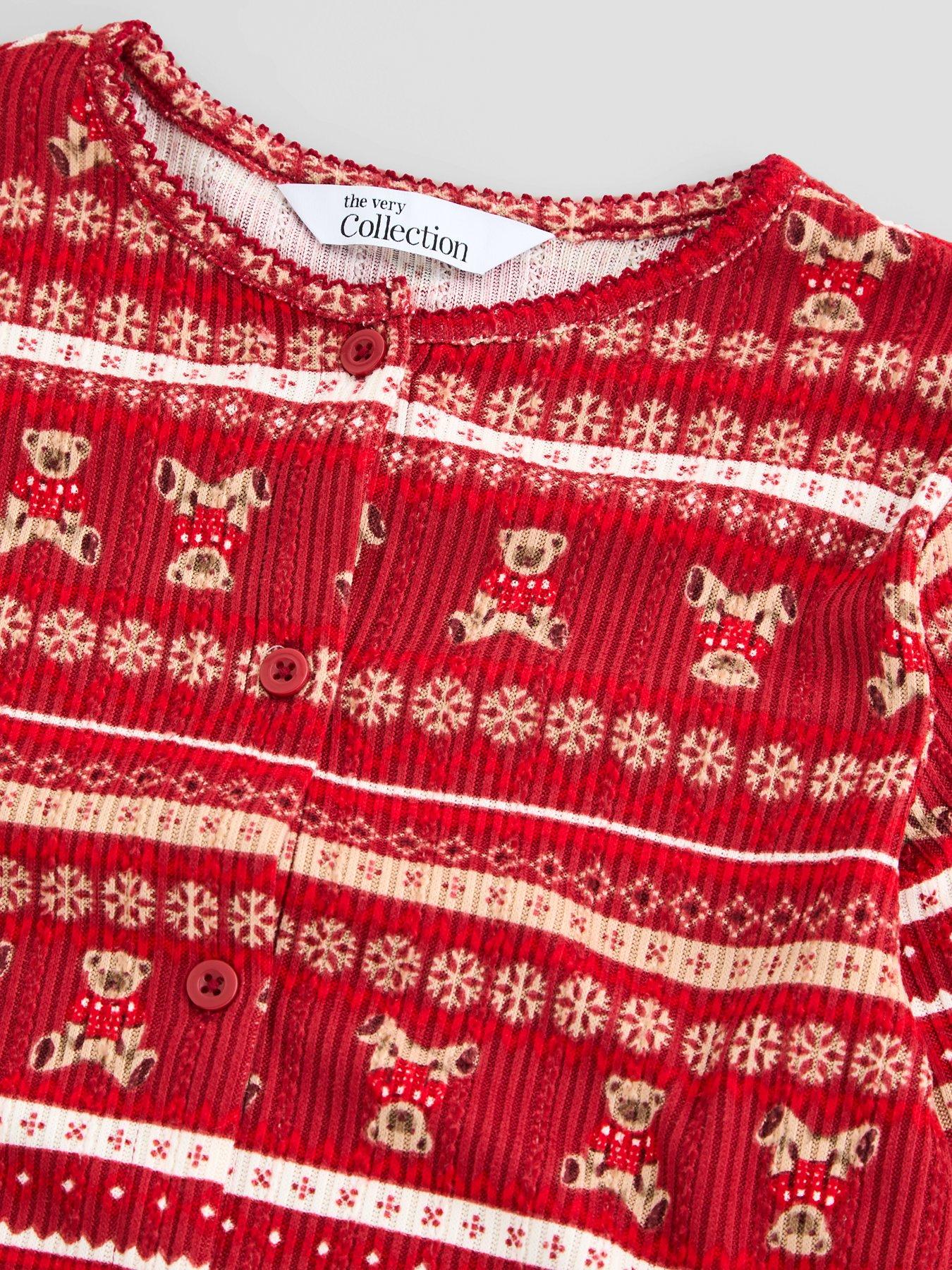Image 5 of 6 of The Very Collection Girls Family Christmas Pyjamas Pointelle Fairisle Henley And Jogger Set - Red