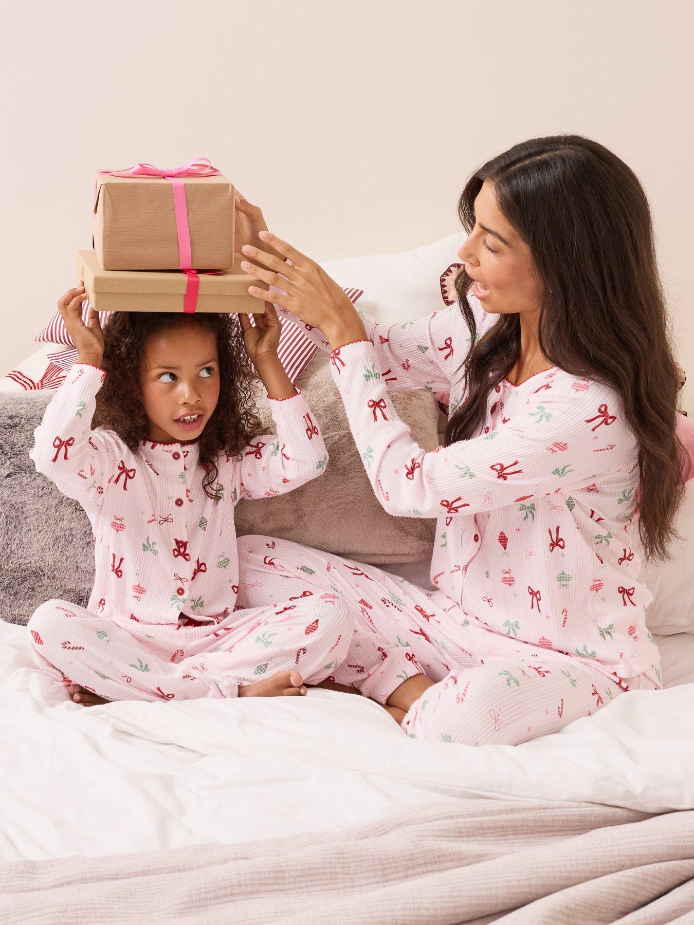 The Very Collection Girls Family Christmas Pyjama Pointelle Henley And Jogger Set - Pink