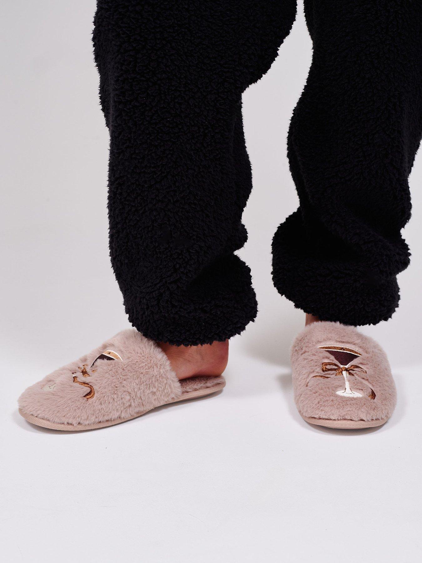 Loungeable Martini Embroidered Faux Fur Slippers - Beige