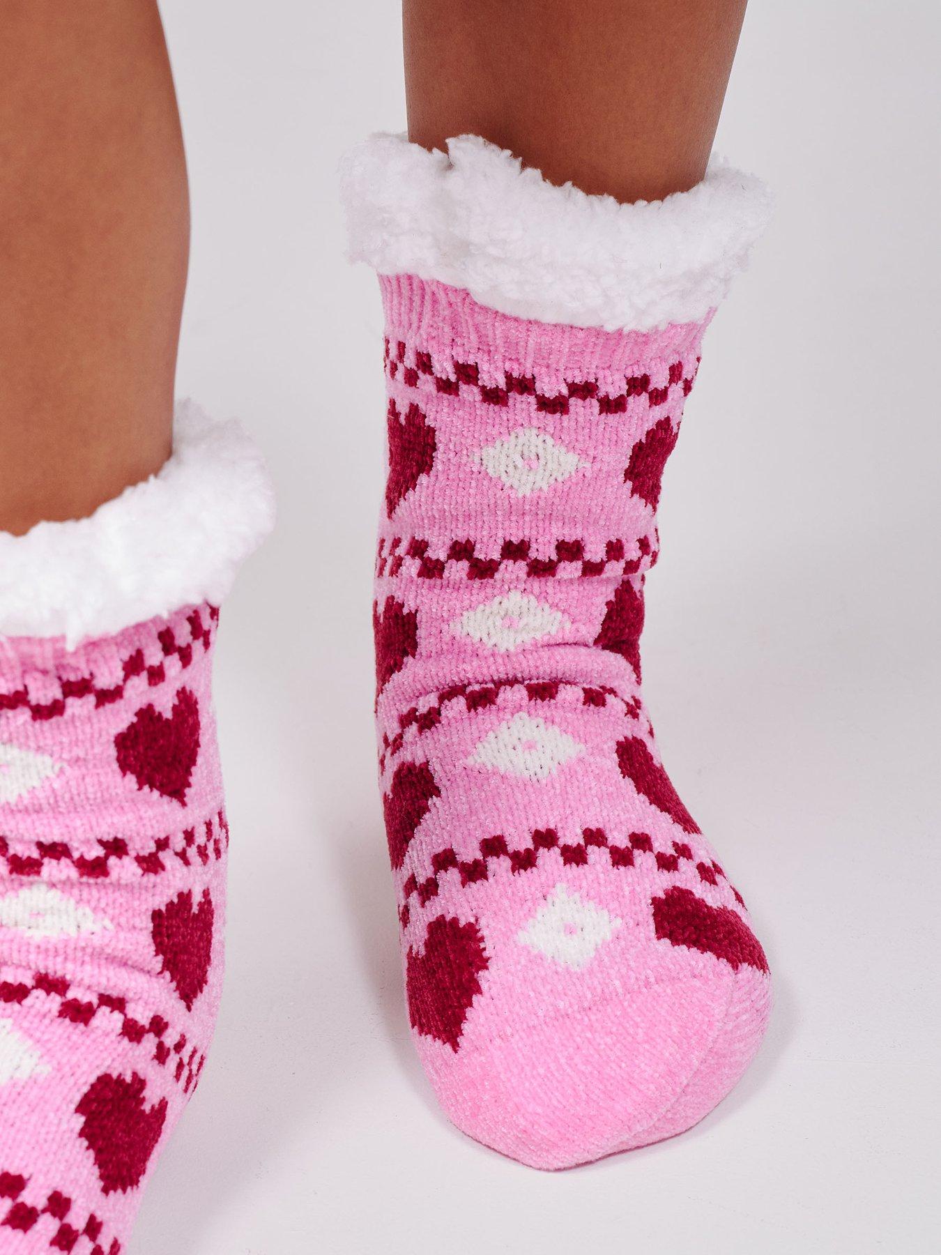Image 3 of 4 of Loungeable Womens Heart Pattern Chenille Slipper Socks - Multi
