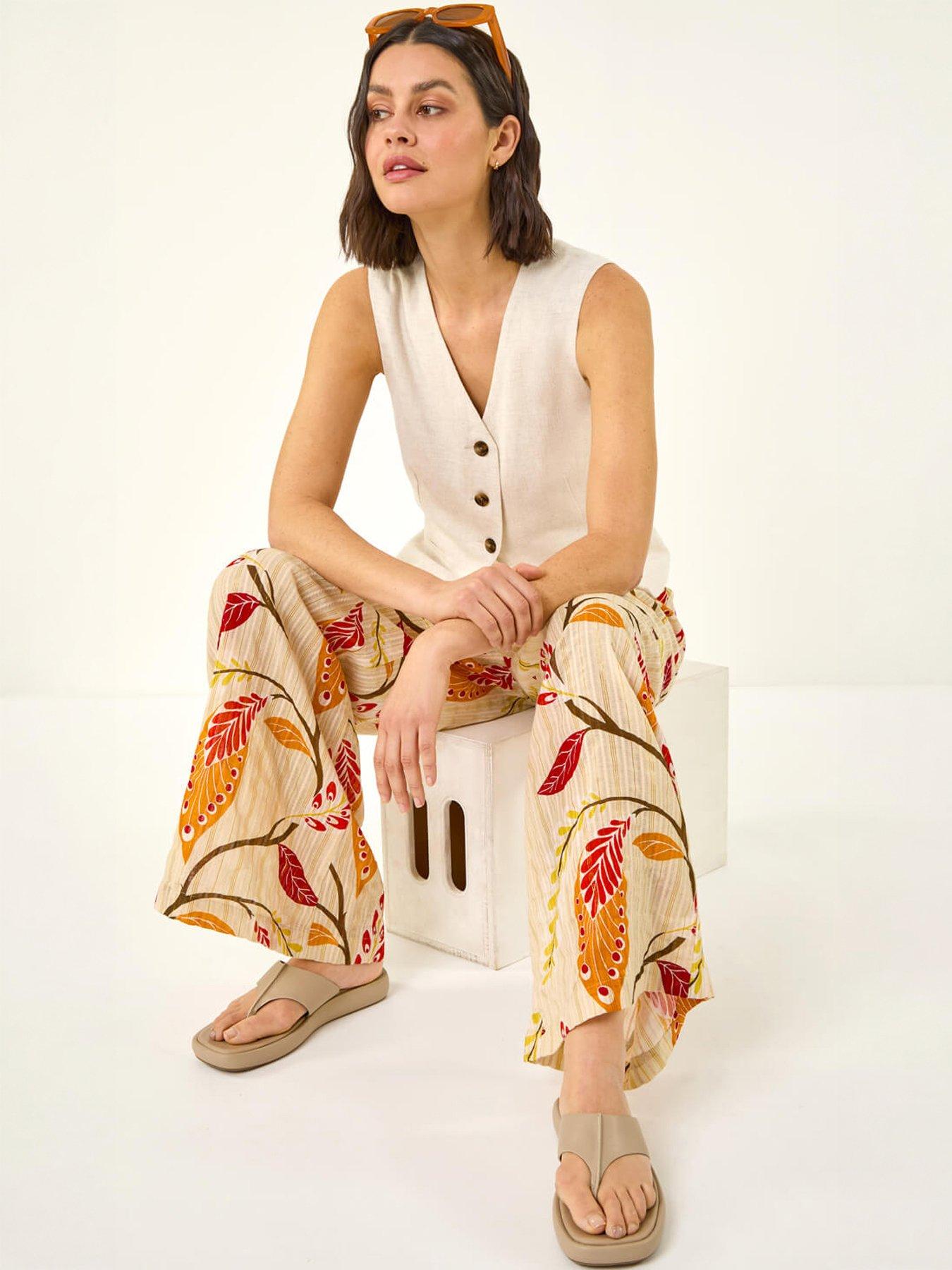 Roman Textured Leaf Print Metallic Trouser