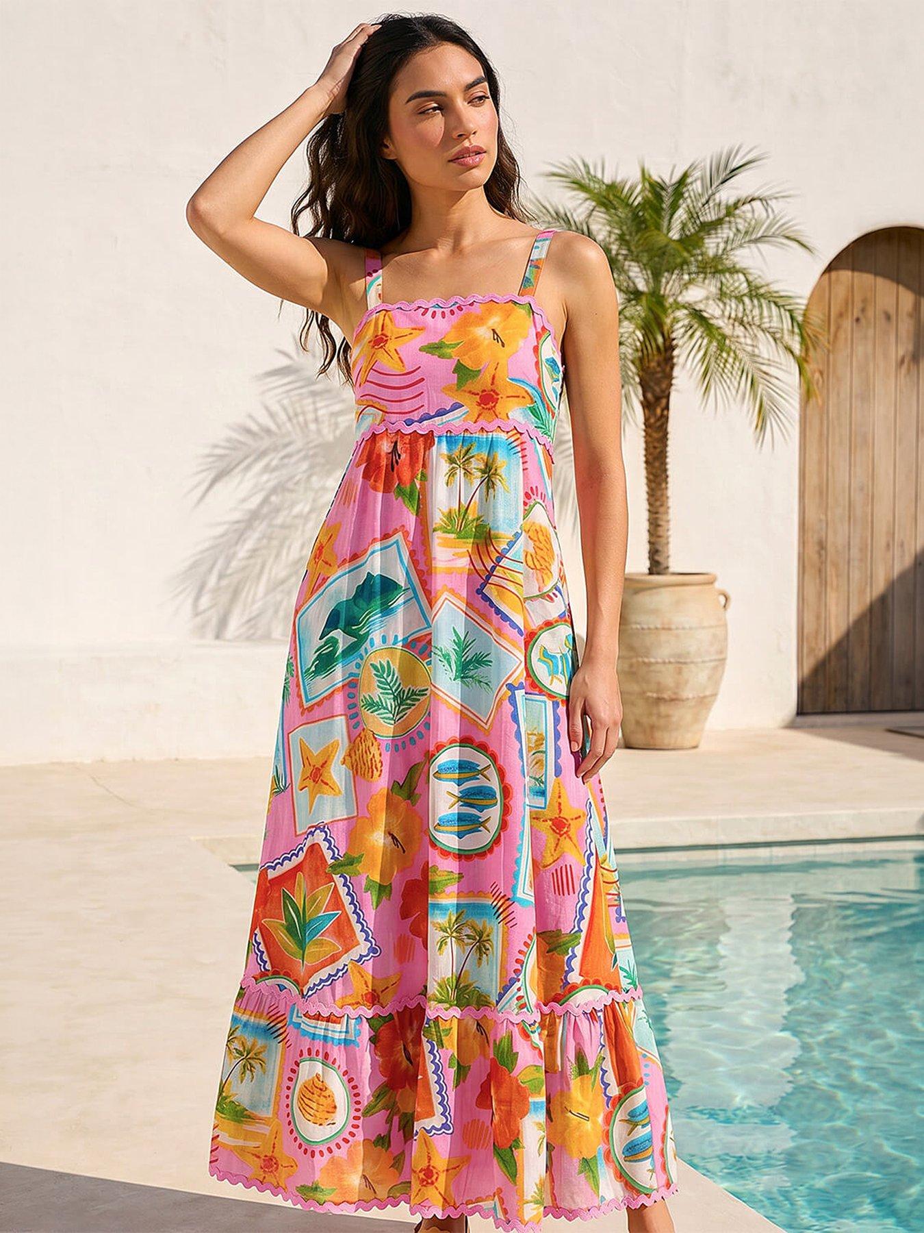 Roman Postcard Print Ric Rac Maxi Dress